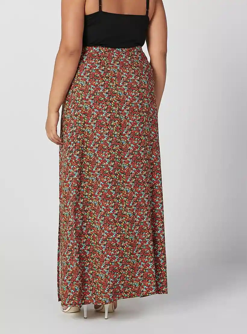 Printed Maxi A-line Skirt with Elasticised Waistband and Side Slit