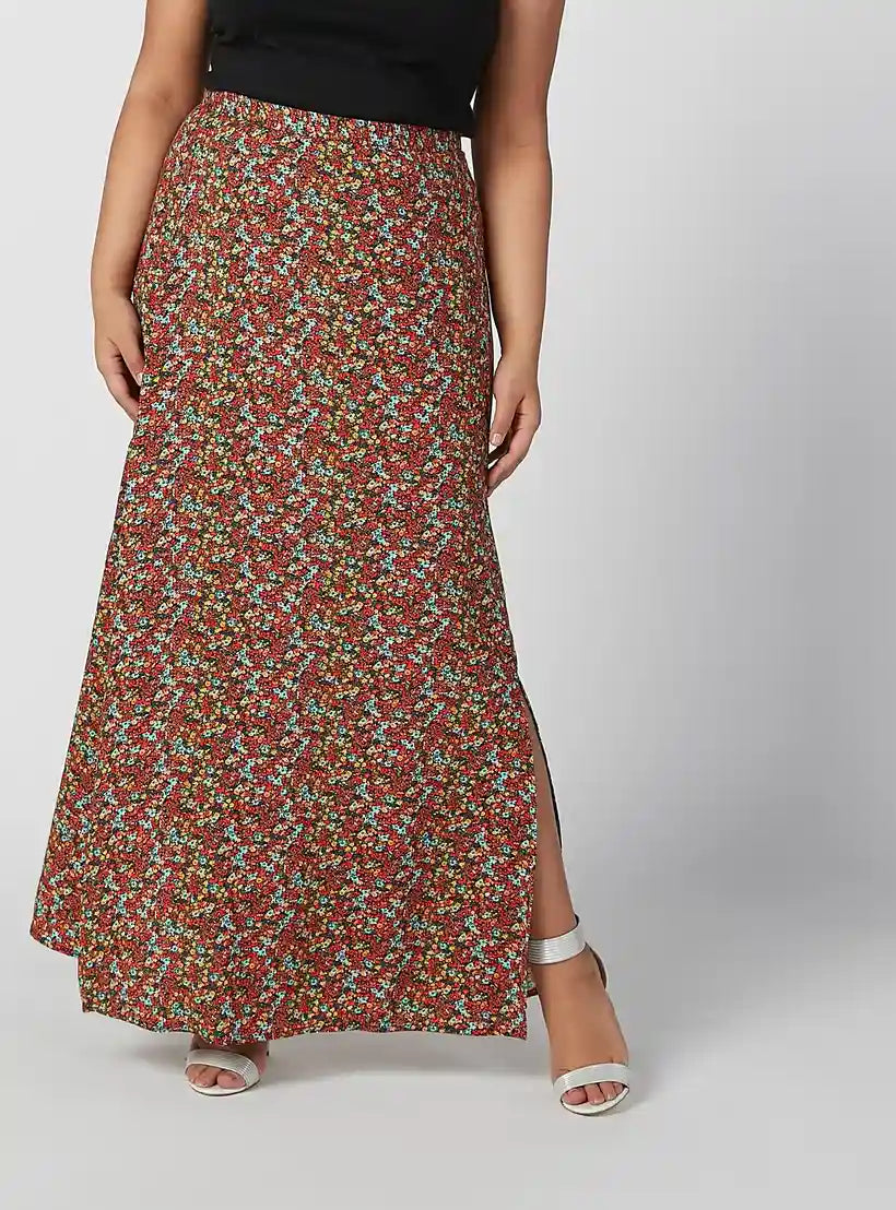 Printed Maxi A-line Skirt with Elasticised Waistband and Side Slit