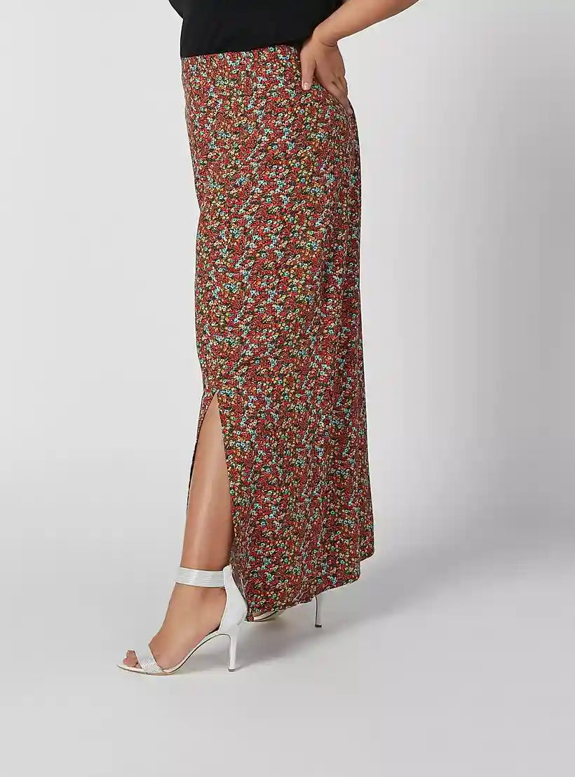 Printed Maxi A-line Skirt with Elasticised Waistband and Side Slit