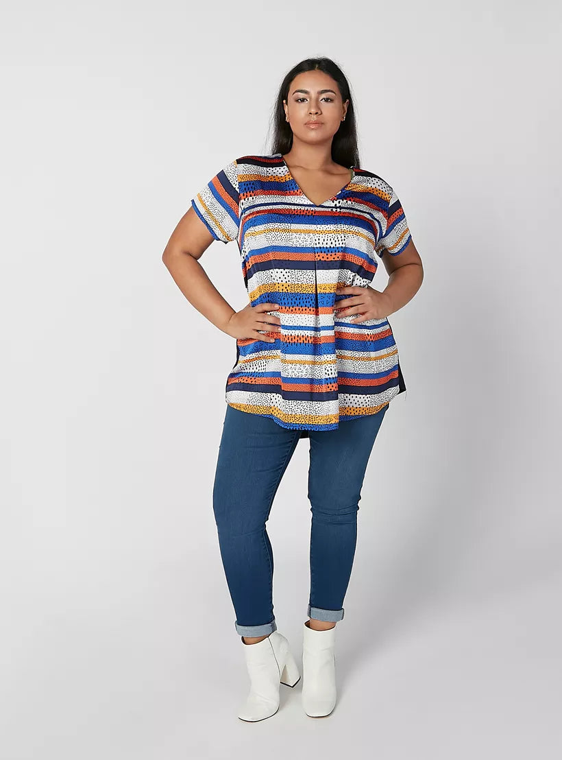 Printed Longline Top with V-neck and Short Sleeves