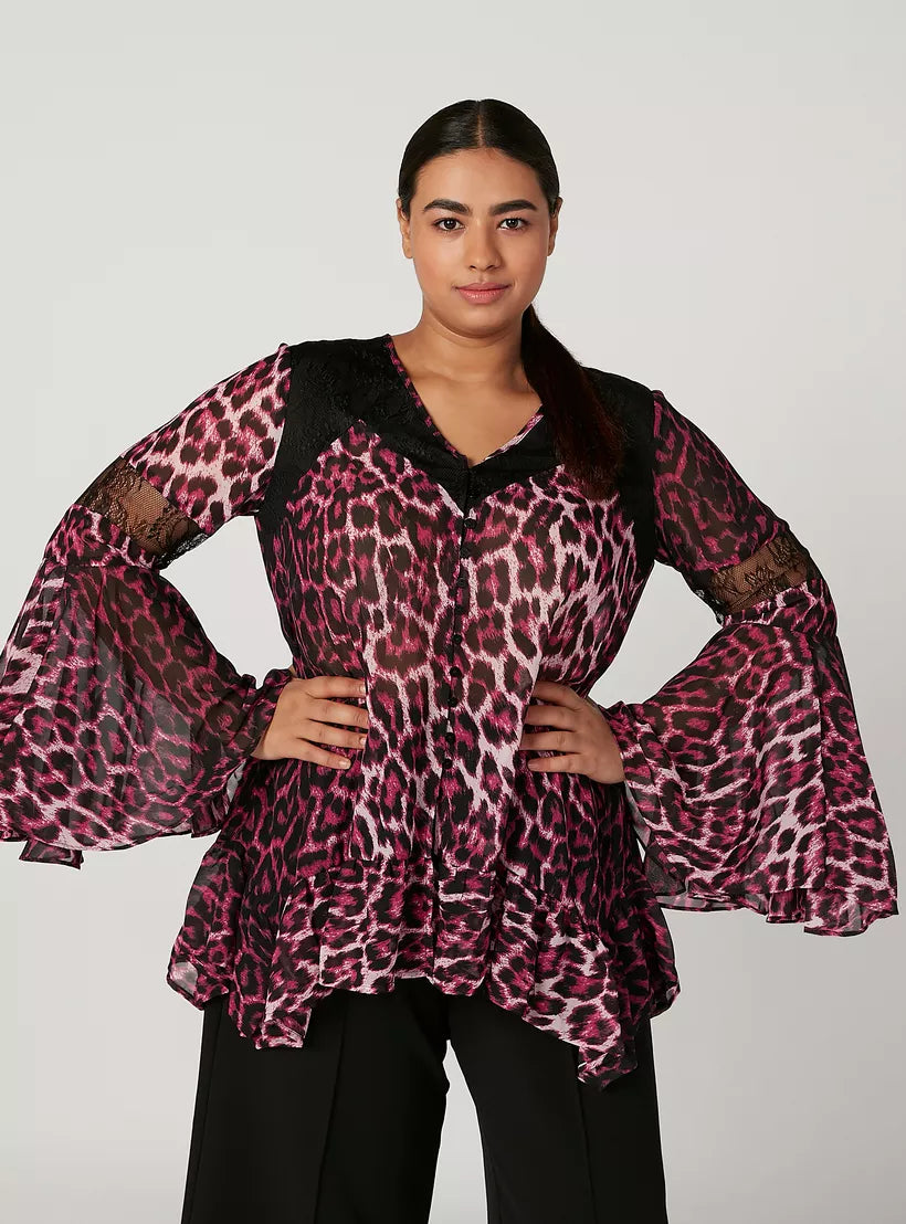 Animal Printed Top with V-neck and Bell Sleeves
