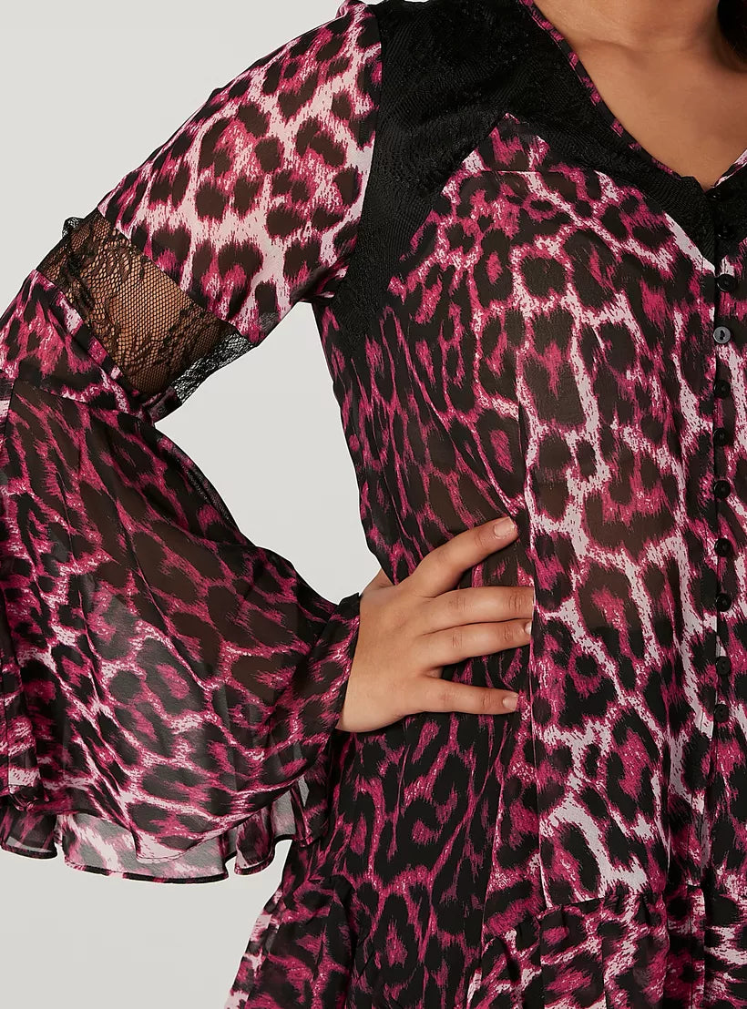 Animal Printed Top with V-neck and Bell Sleeves