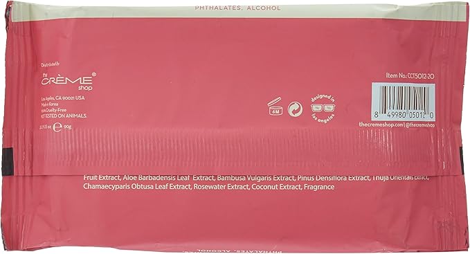 مناديل من  The Crème Shop للتنظيف مع جوز الهند وماء الورد تنظف البشرة بلطف وتمنحها الانتعاش. تحتوي العبوة على 20 منديل 