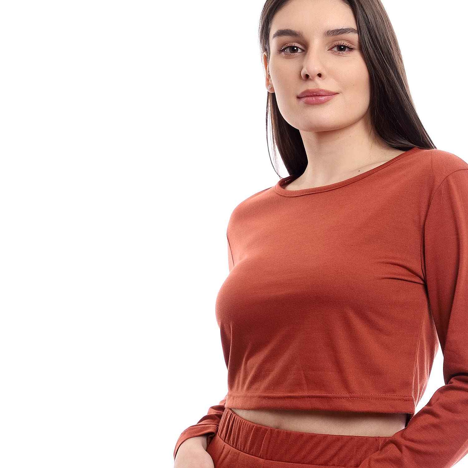 offcliff Women Solid Wide Leg Pants & Long Sleeve Crop Top