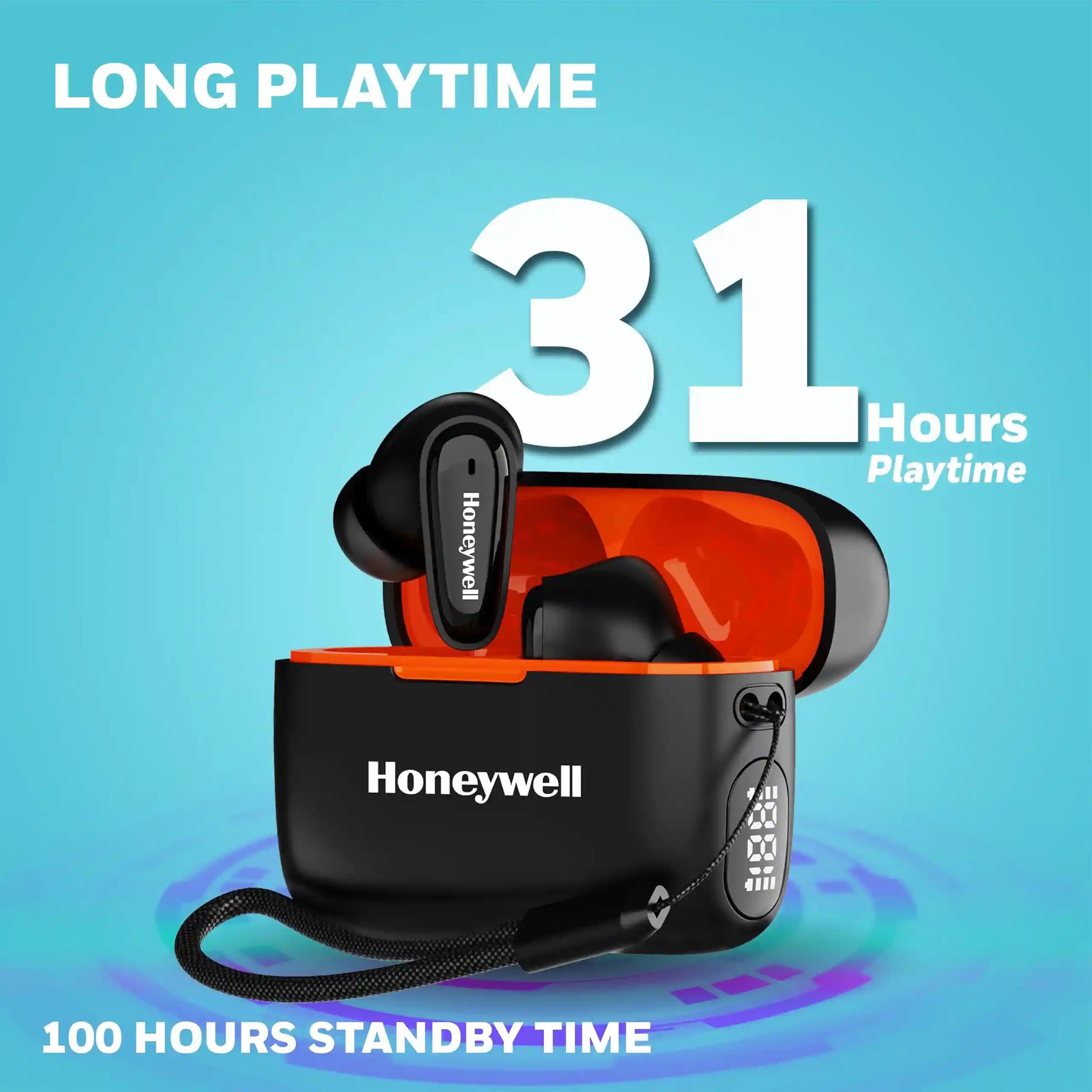 Honeywell  V1100, in-Ear True Wireless Stereo Earbuds with Digital Battery Display Case, Dual Microphones, Bluetooth V5.3, 31 Hours of Playtime, 100 Hours Stand-by, Fast Charging, Black – Safqqa Egypt