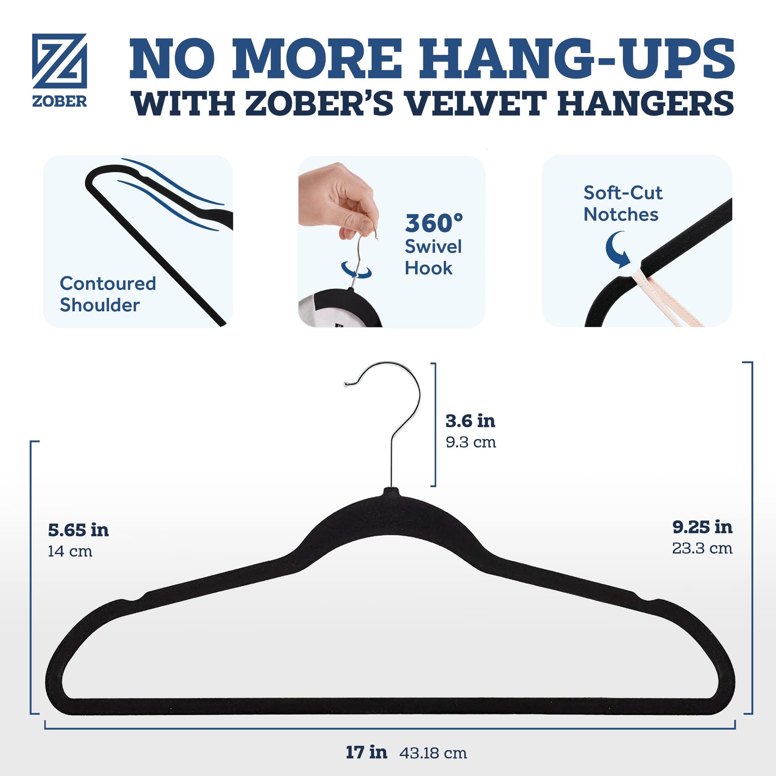 Zober Velvet Hangers 50 Pack - Black for Coats, Pants & Dress Clothes - Non Slip w/ 360 Degree Swivel, Holds up to 10 lbs - Strong Felt Hangers for Clothing