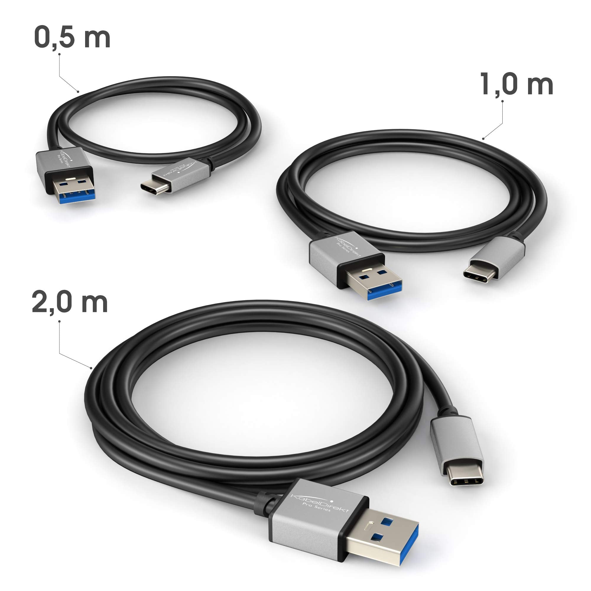 KabelDirekt - سلسلة PRO - كابل شحن سريع USB A 3.0 إلى USB C - مزامنة بيانات فائقة السرعة وشاحن USB C - أسود/رمادي فلكي - حزمة من 3 (0.5 م + 1 م + 2 م)