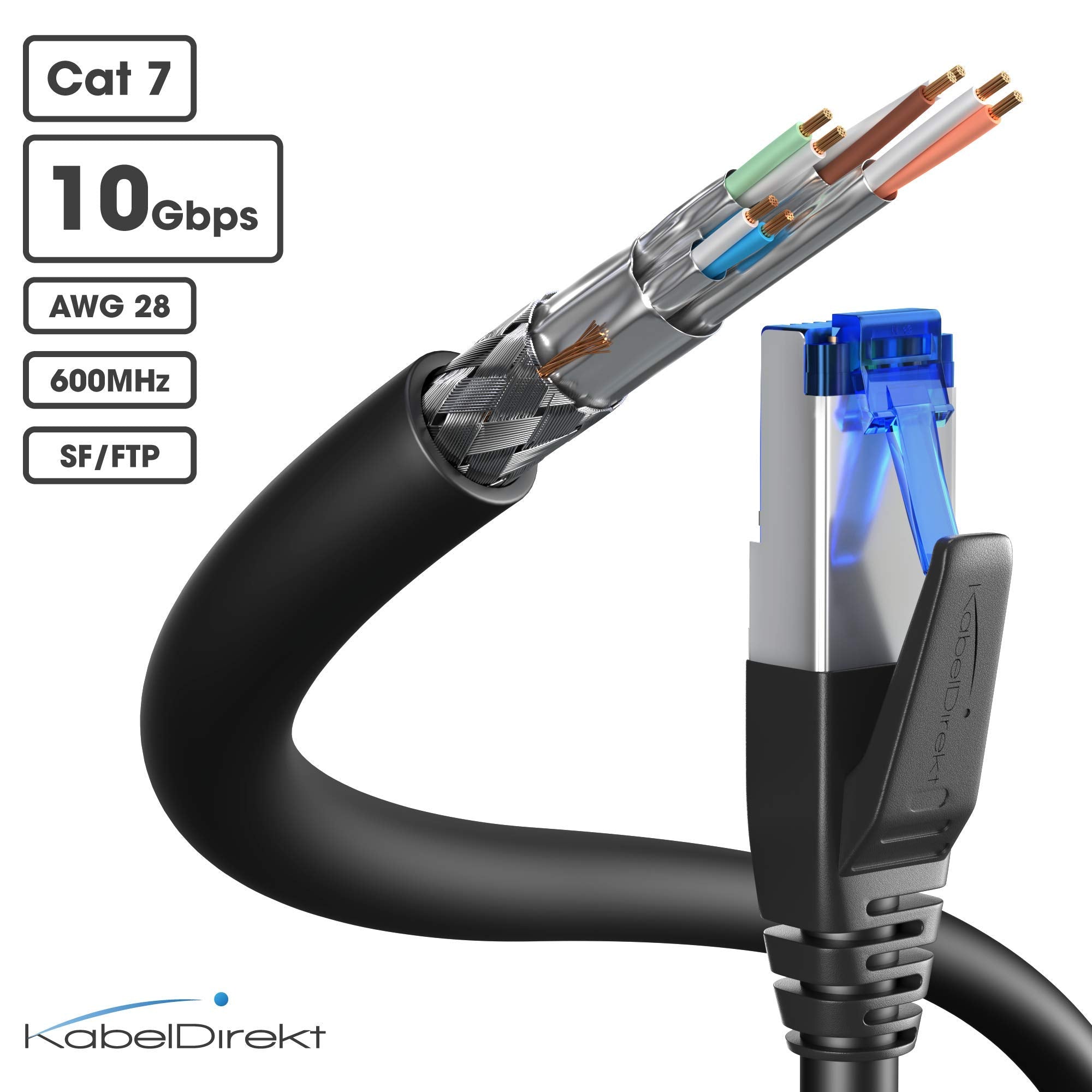 KabelDirekt – Cat 7 Network Cable – 0.25m – 10 Gigabit LAN Cable & Ethernet Cable – Available in 0.25-30m (suitable for high-speed networks, PC, gaming, switch, router and modem, RJ45 – black)