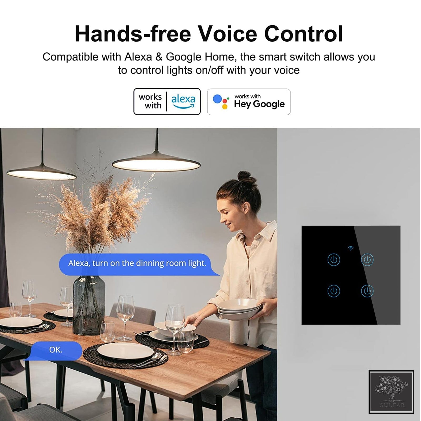 Sulfar WiFi Smart Wall Light Switch – Touch Control, No Neutral Wire, Works with Alexa & Google Home, White (1 pc)