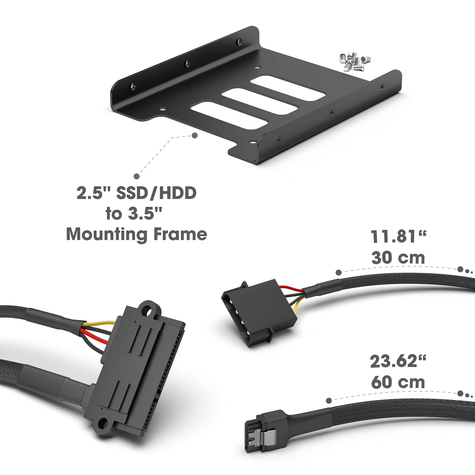 KabelDirekt 825 0.6m SSD/HDD installation frame + 30cm 22-pin SATA to 4-pin Molex power cable and 60cm 7-pin 3 data 6 Gbit/s 8 screws (crosshead) black