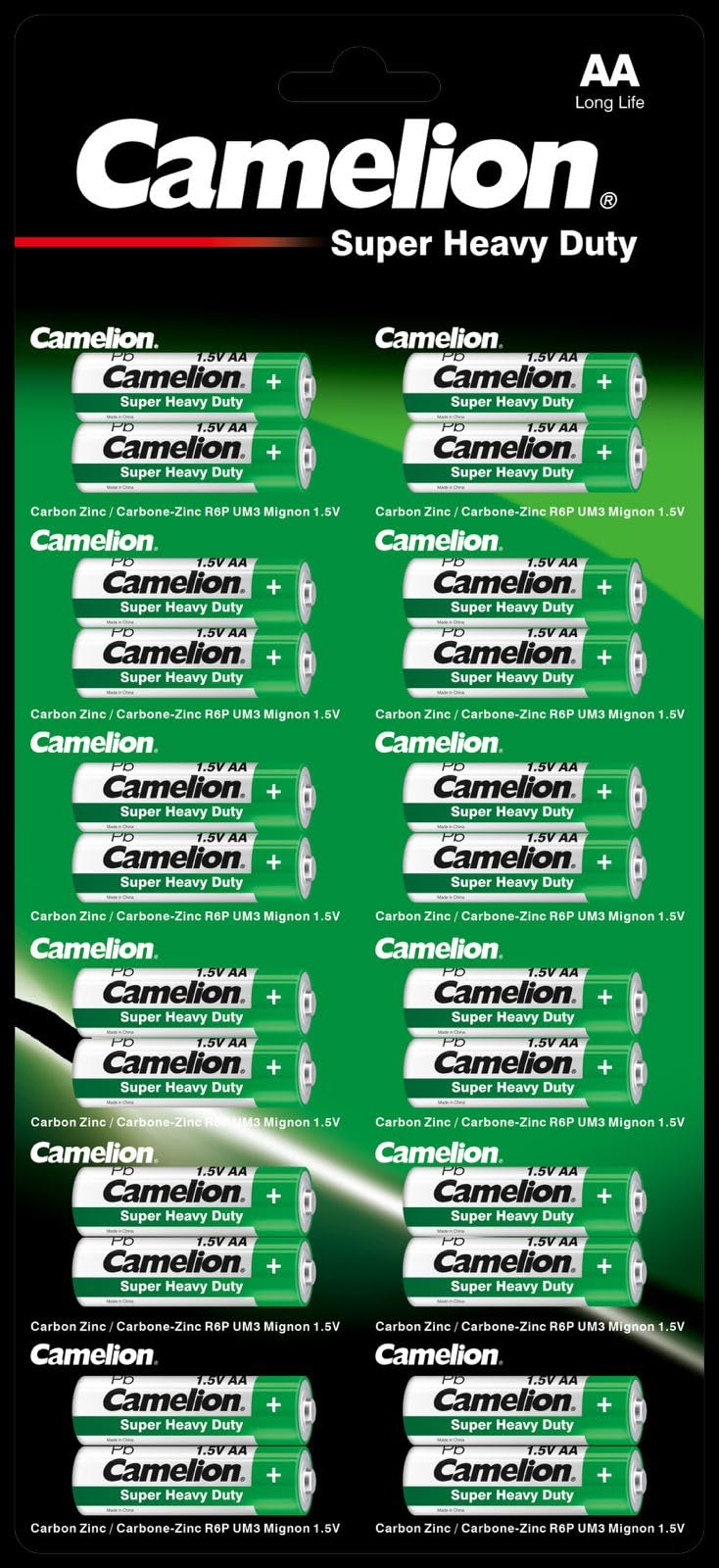 بطاريات Camelion سوبر ثقيلة R6 AA زنك-كربون – طاقة يومية موثوقة (الفئة الخضراء، عبوة من 24) - صندوق تالف