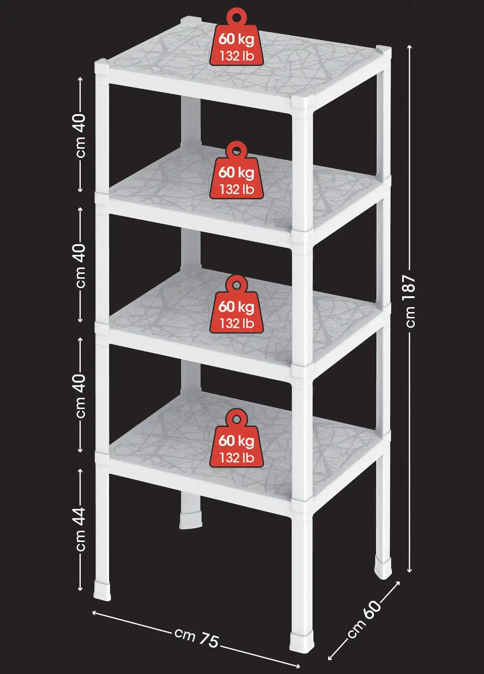 Bama 4-Tier Utility Shelf, 75x60x187 cm, White – Heavy-Duty 240kg Capacity