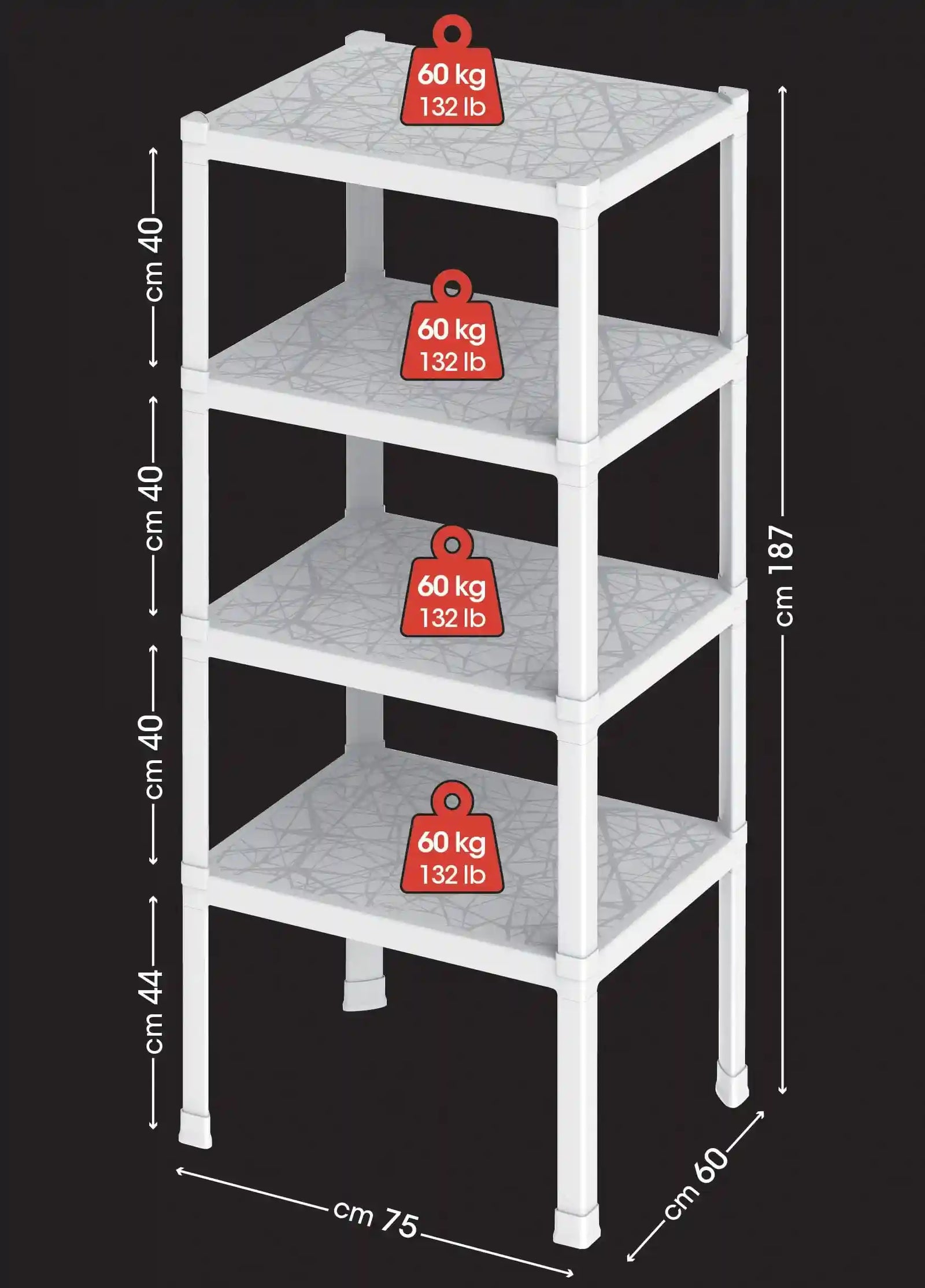 Bama 4-Tier Utility Shelf, 75x60x187 cm, White – Heavy-Duty 240kg Capacity