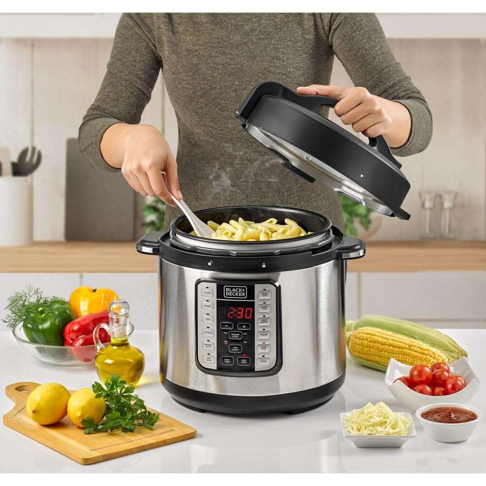Black&Decker 7-in-1 Smart Electric Pressure Cooker, 6L, 1000W – Programmable Multi-Cooker, Black/Silver – PCP1000-B5