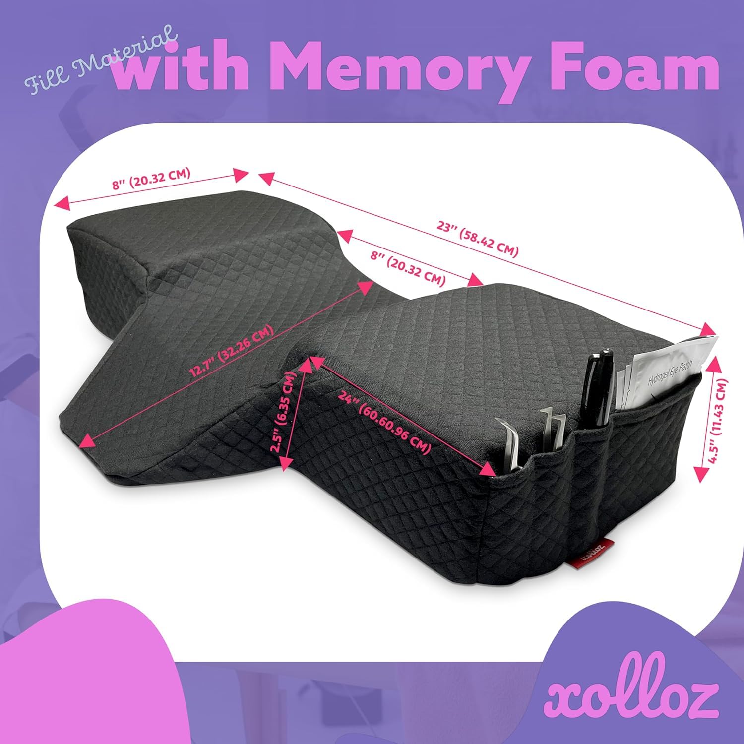 Curved Memory Foam Pillow for Eyelash Extensions – Neck & Back Support with Tool Pockets