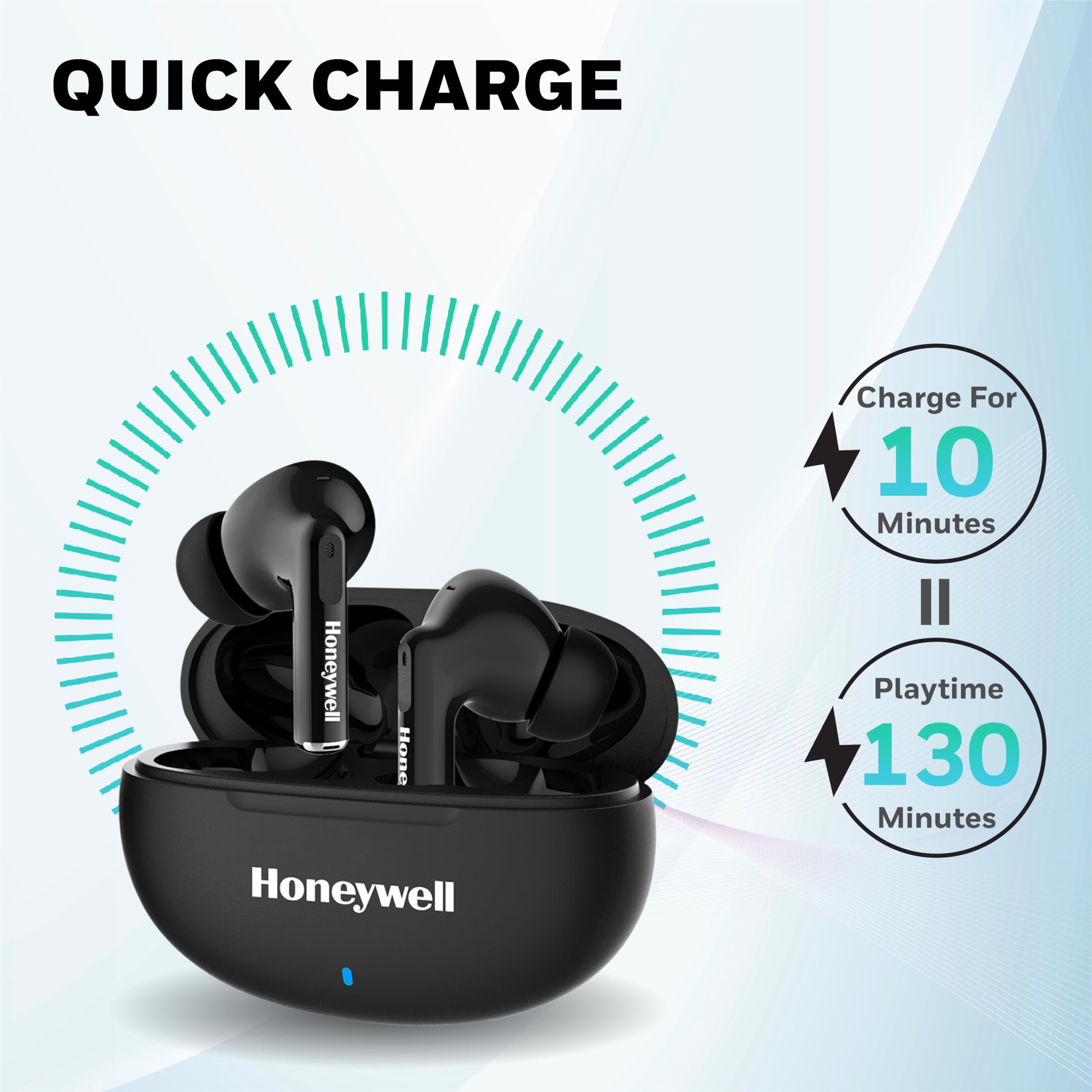 Honeywell Moxie V1200 True Wireless Bluetooth Earbuds – 26H Playtime, Type-C Fast Charging, IPX4 Water Resistant, Bluetooth 5.3, Touch Control, Voice Assistant – Black