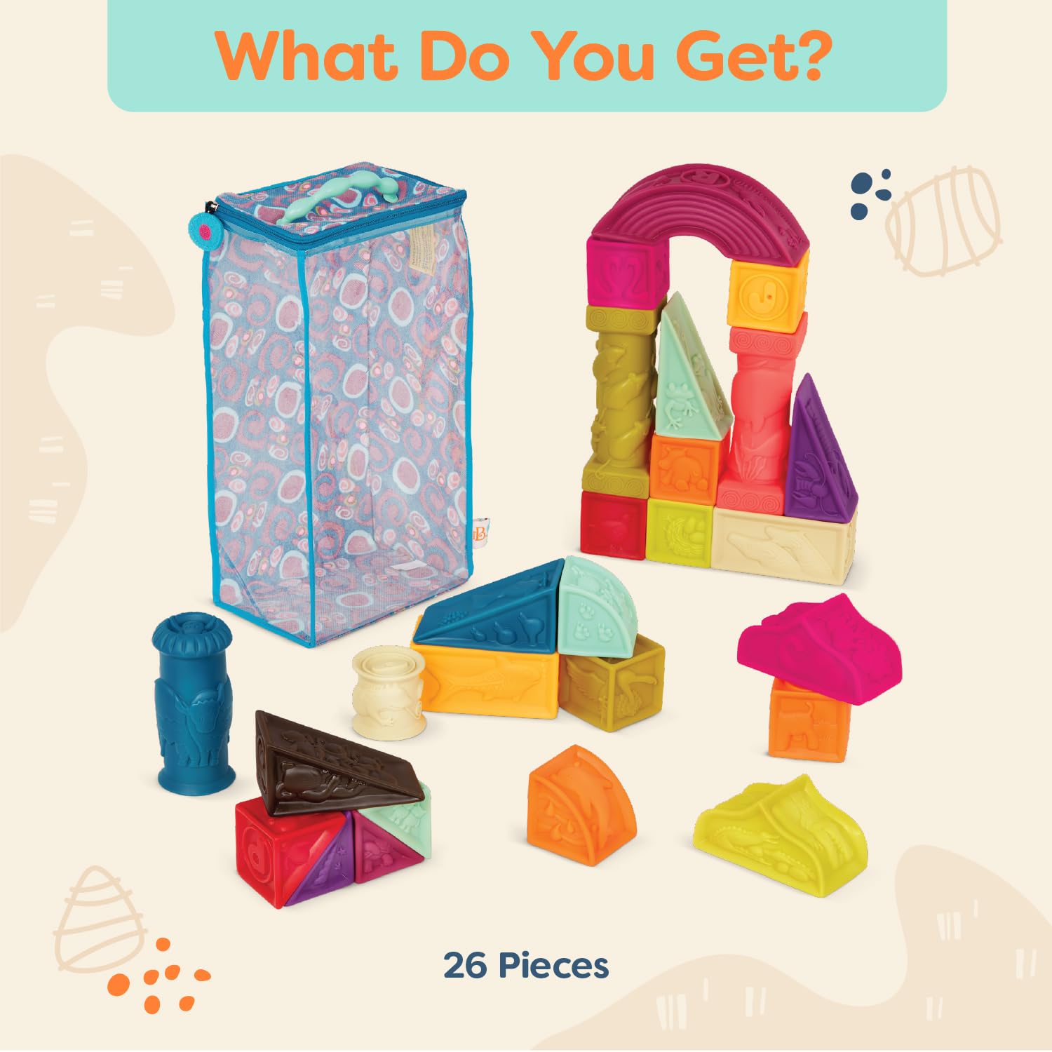 B. toys - elemenosqueeze baby blocks - 26 stacking blocks with shapes numbers, animals & textures - bpa free soft blocks for babies 6m+ (26-pcs)