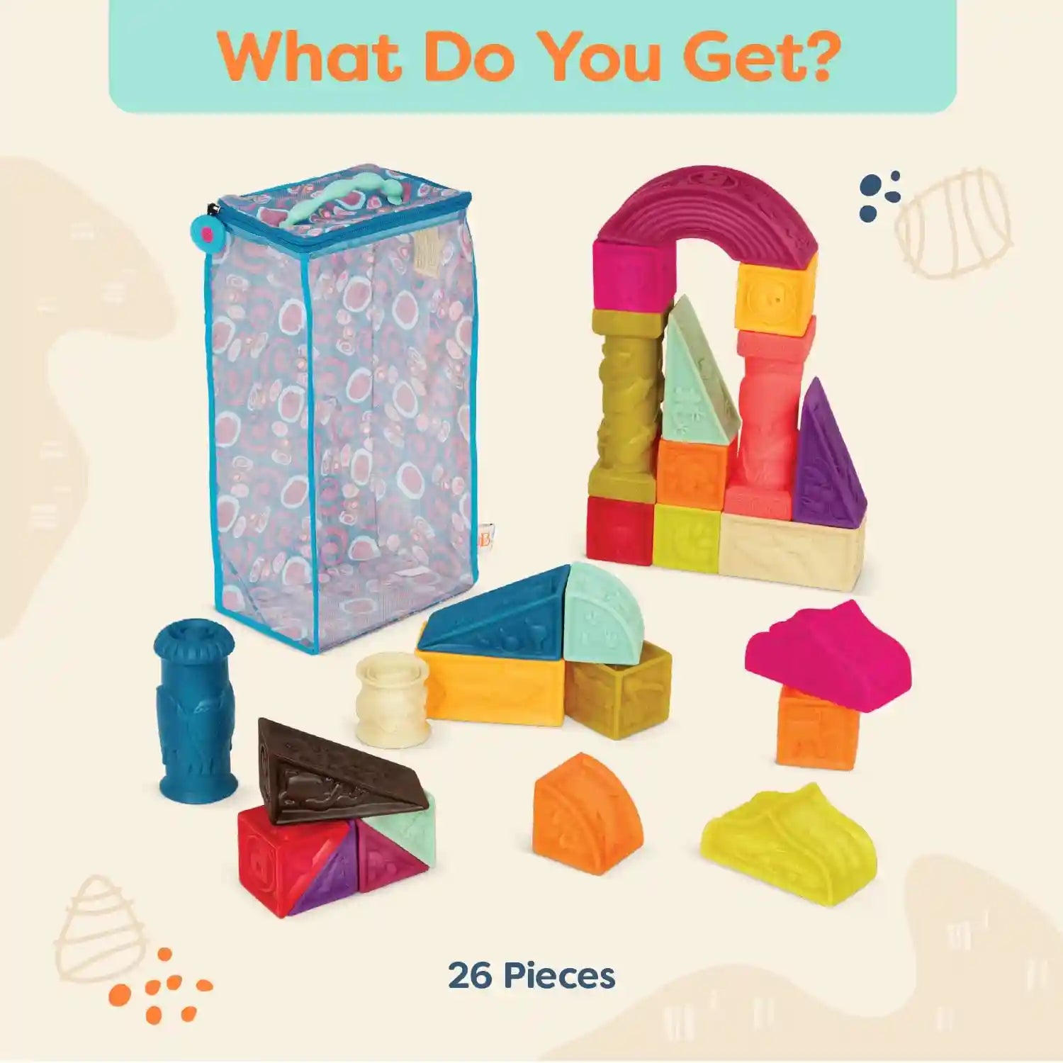 مجموعة مكعبات أطفال ناعمة من B. toys – 26 قطعة بحروف وأشكال