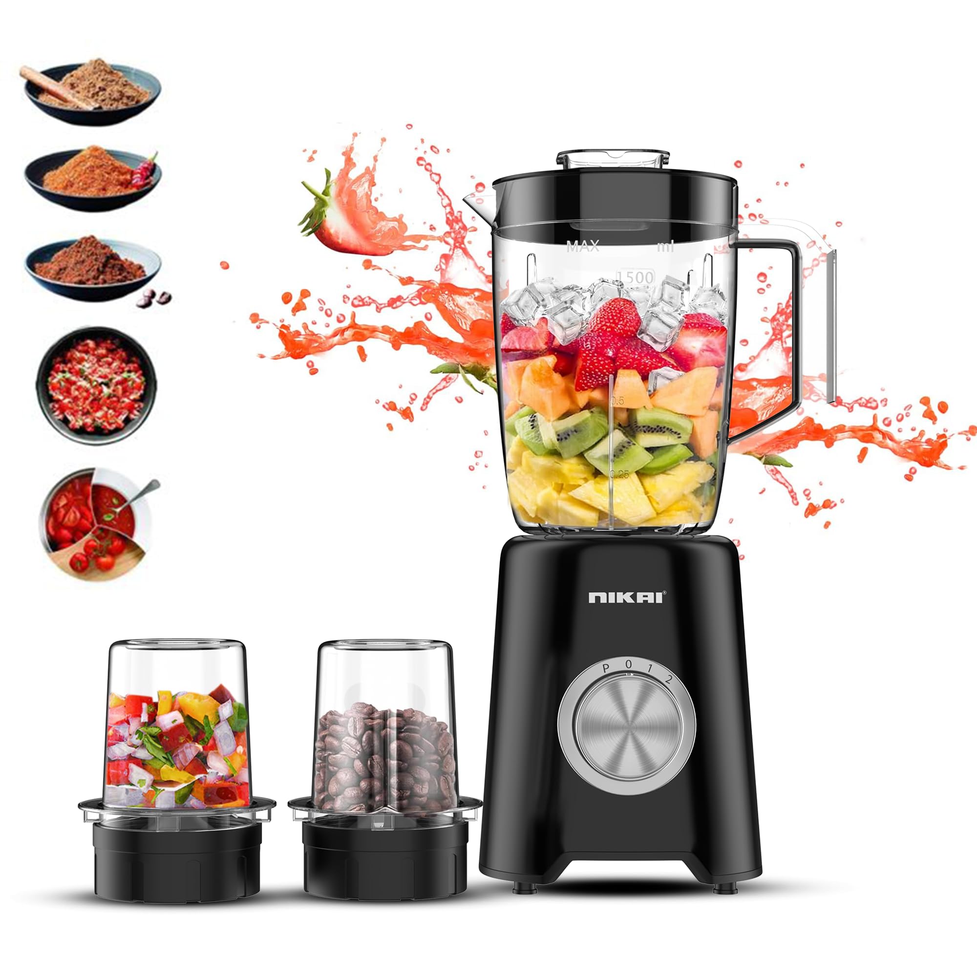 Nikai 3-in-1 Blender with 3 Unbreakable Jars, 1.5 Ltr Liquid Jar, 1 Coffee Grinder & 1 Meat Mincer, 2 Speeds, Perfect for Dry & Wet Fine Grinding, Mixing & Juicing - NB2900NA1 Black - Have Scratches