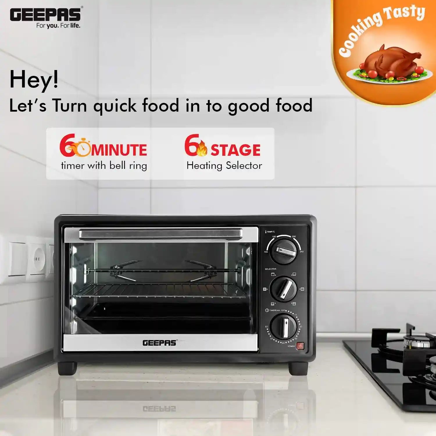 Geepas GO4464 25L Electric Oven With Rotisserie- 1600W power, 6 Stages Heating Selector-There is a hit at the top of the device.