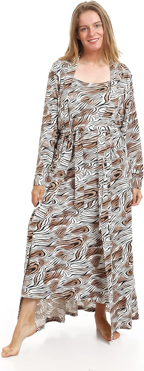 Kady Women Spaghetti Strap Zebra Print Long Nightgown with Robe