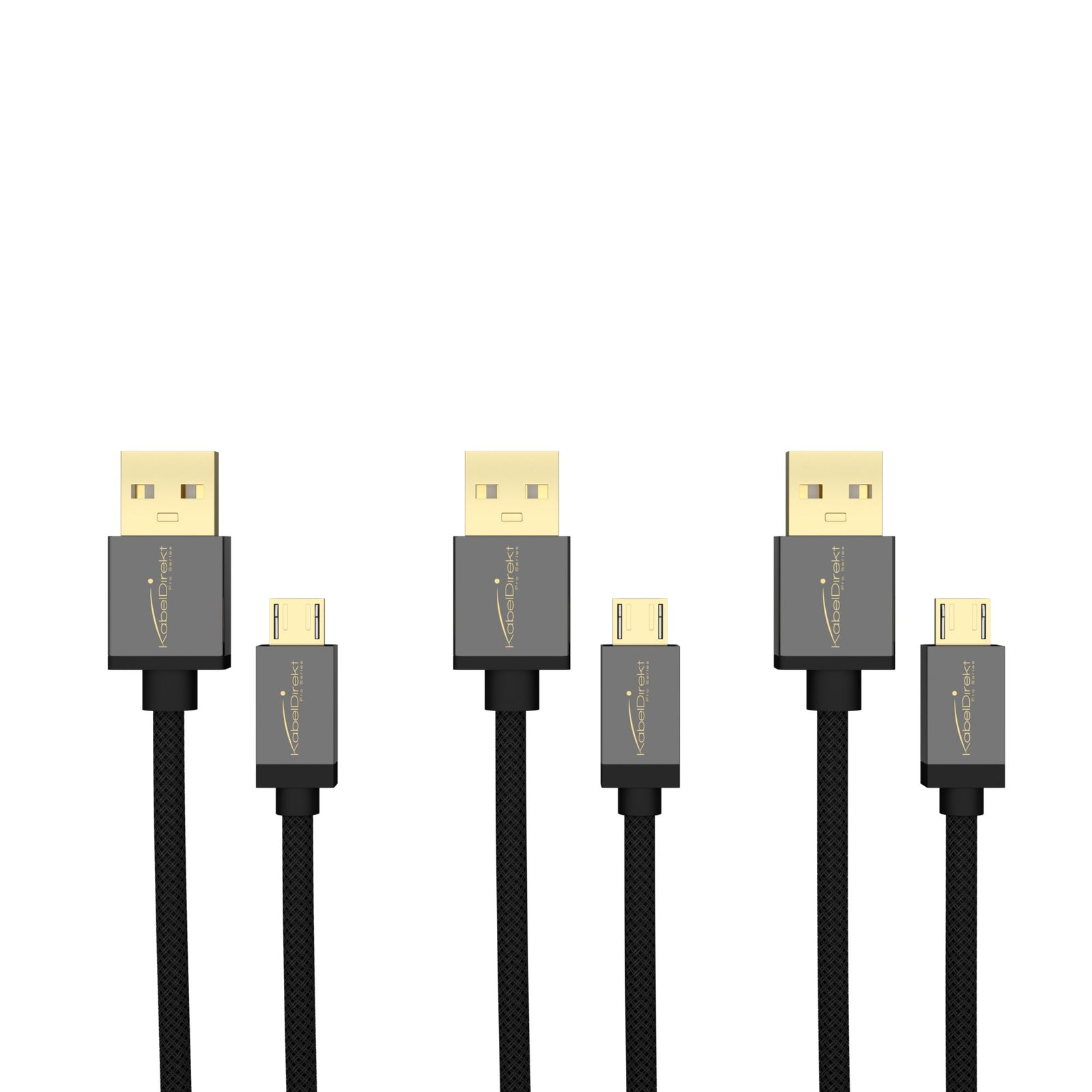 كابل Micro USB بطول 0.5 متر من KabelDirekt 853 (USB 2.0، كابل مزامنة وشحن، نايلون) سلسلة PRO - عبوة من 3 قطع - أسود