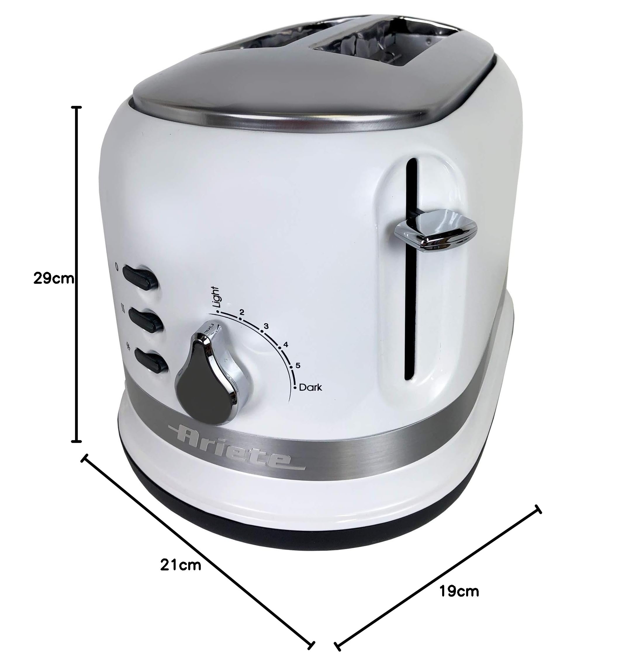 Ariete Moderna 2 Slice Toaster 0149W with 6 Browning Levels, Auto Eject, Crumb Tray, Defrosting and Reheating Functions, Cord Wrap, Metal Body, 800W, White