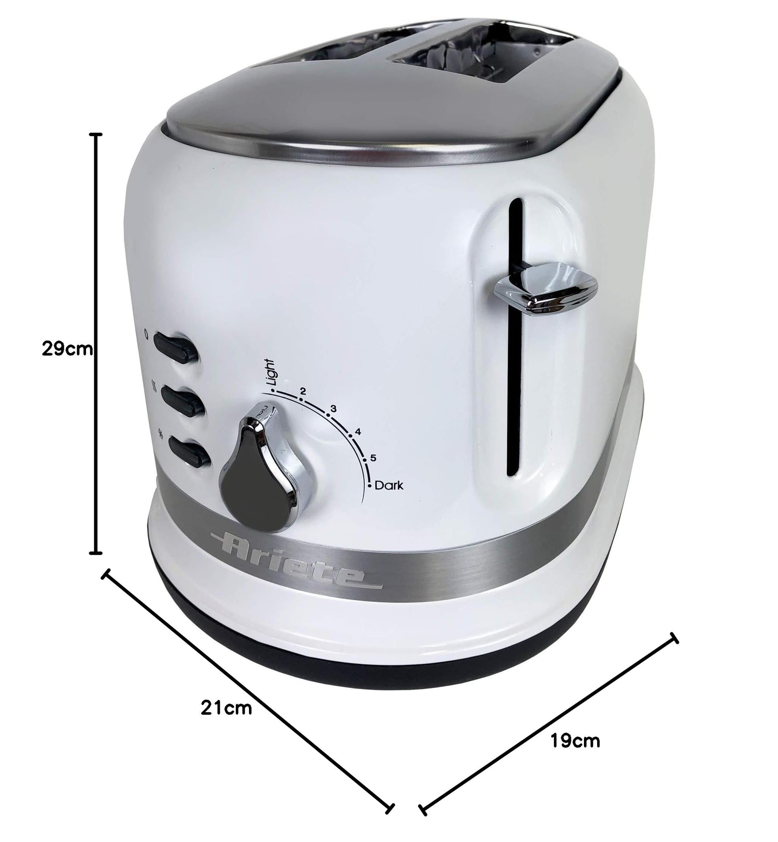 Ariete Moderna 2 Slice Toaster 0149W with 6 Browning Levels, Auto Eject, Crumb Tray, Defrosting and Reheating Functions, Cord Wrap, Metal Body, 800W, White