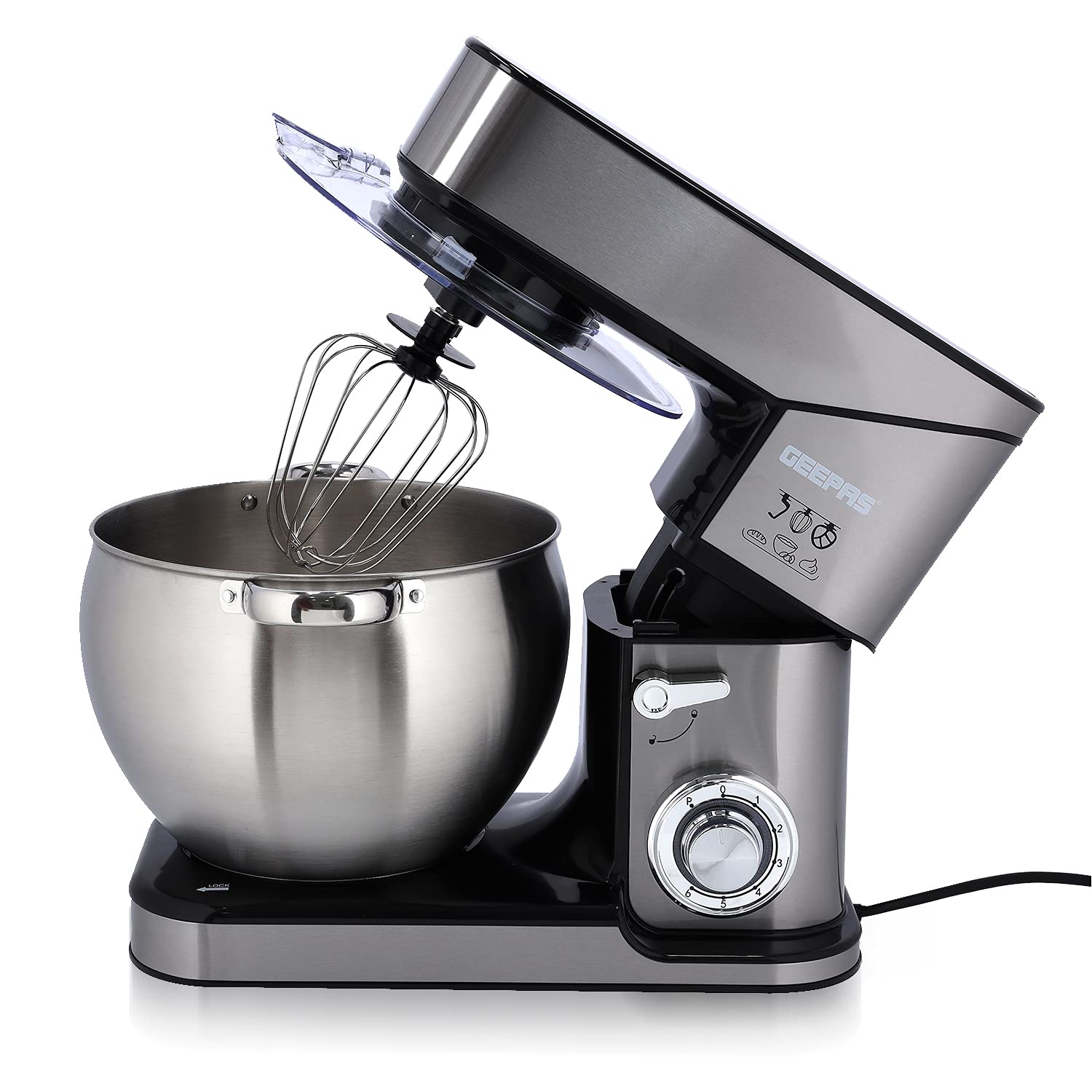 خلاط جيباس ستاند 2000 واط مع وعاء ستانلس ستيل سعة 10 لتر للعجين والخبز، رأس قابل للإمالة، 6 سرعات + نبضة، مؤشر طاقة (علبة تالفة)