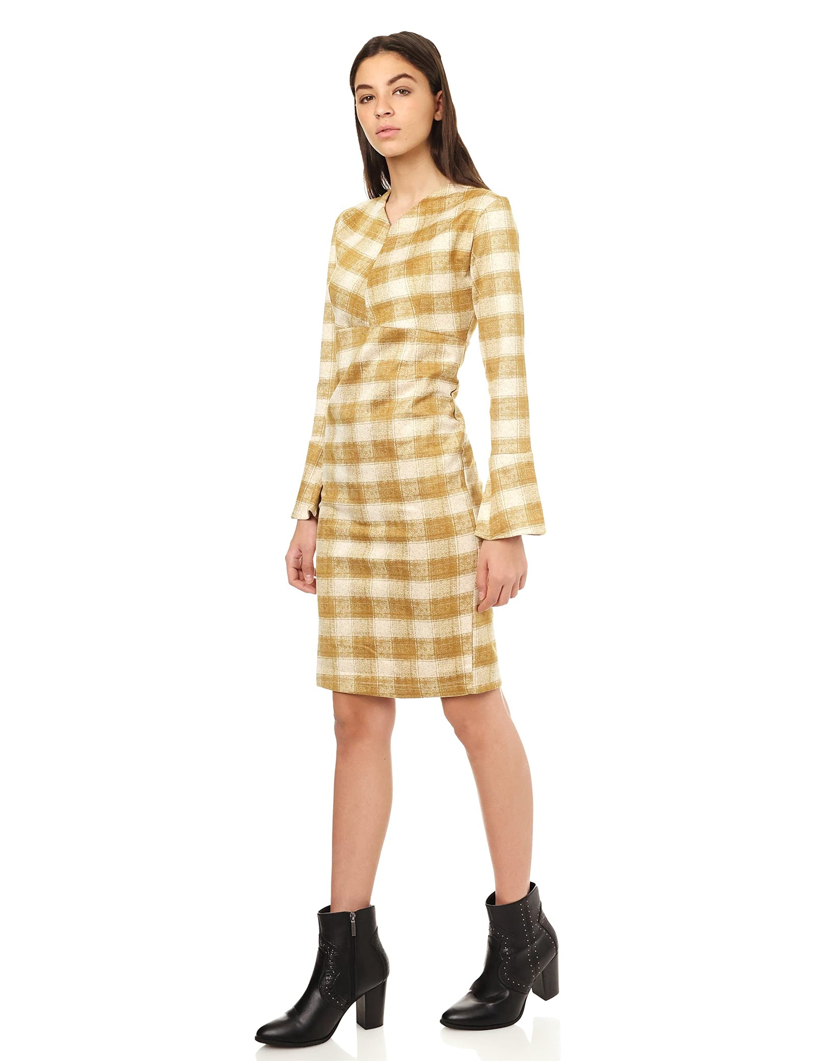 Andora Long Sleeve Plaid Dress For Women,Lightweight and easy to layer with jackets or cardigans.