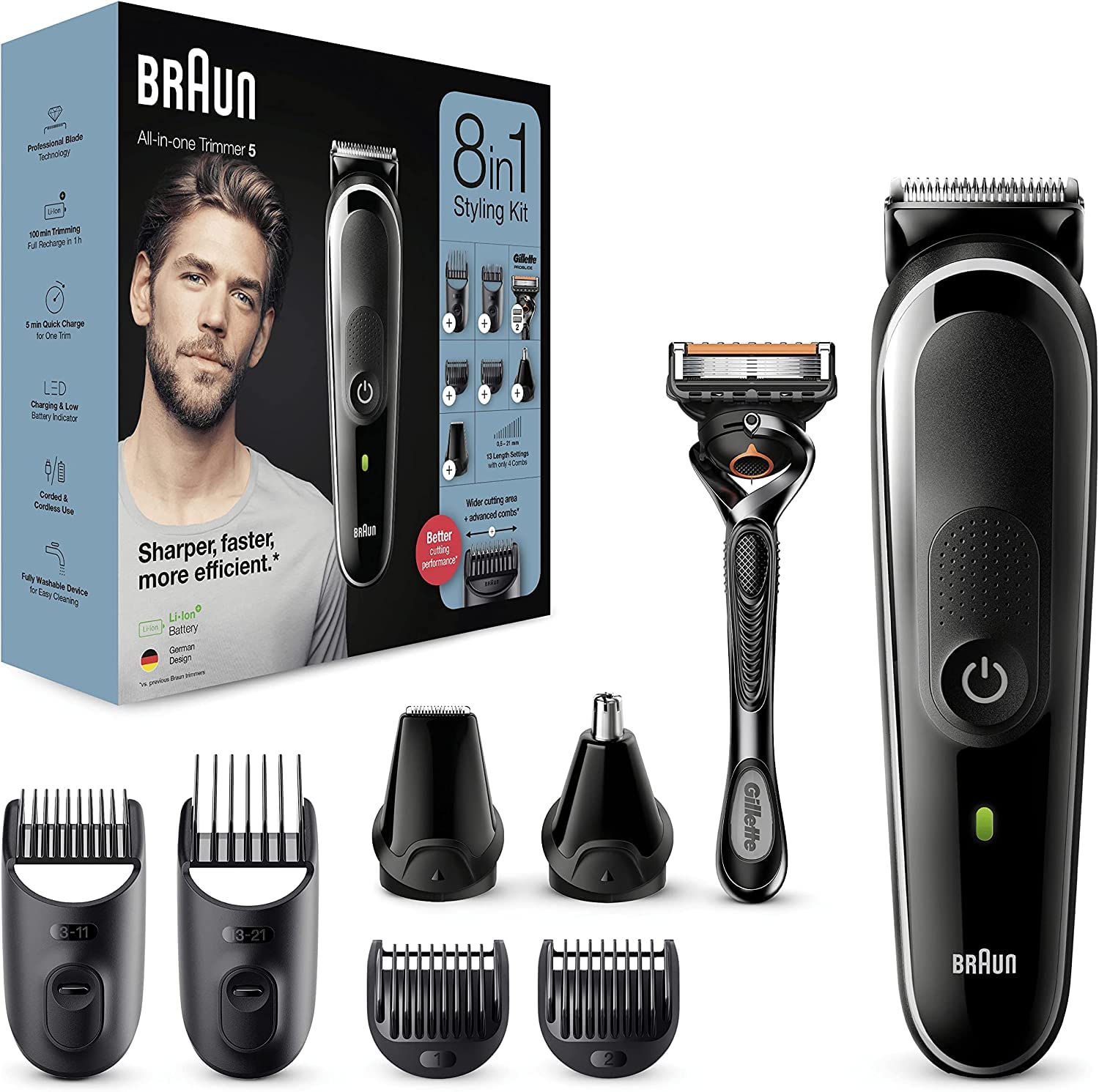 Braun All-in-one Trimmer 5 MGK5260 – 8-in-1 – Beard, Body & Hair Clipper 6 attachments and Gillette Fusion5 ProGlide Razor – Packaging May Vary – International Warranty