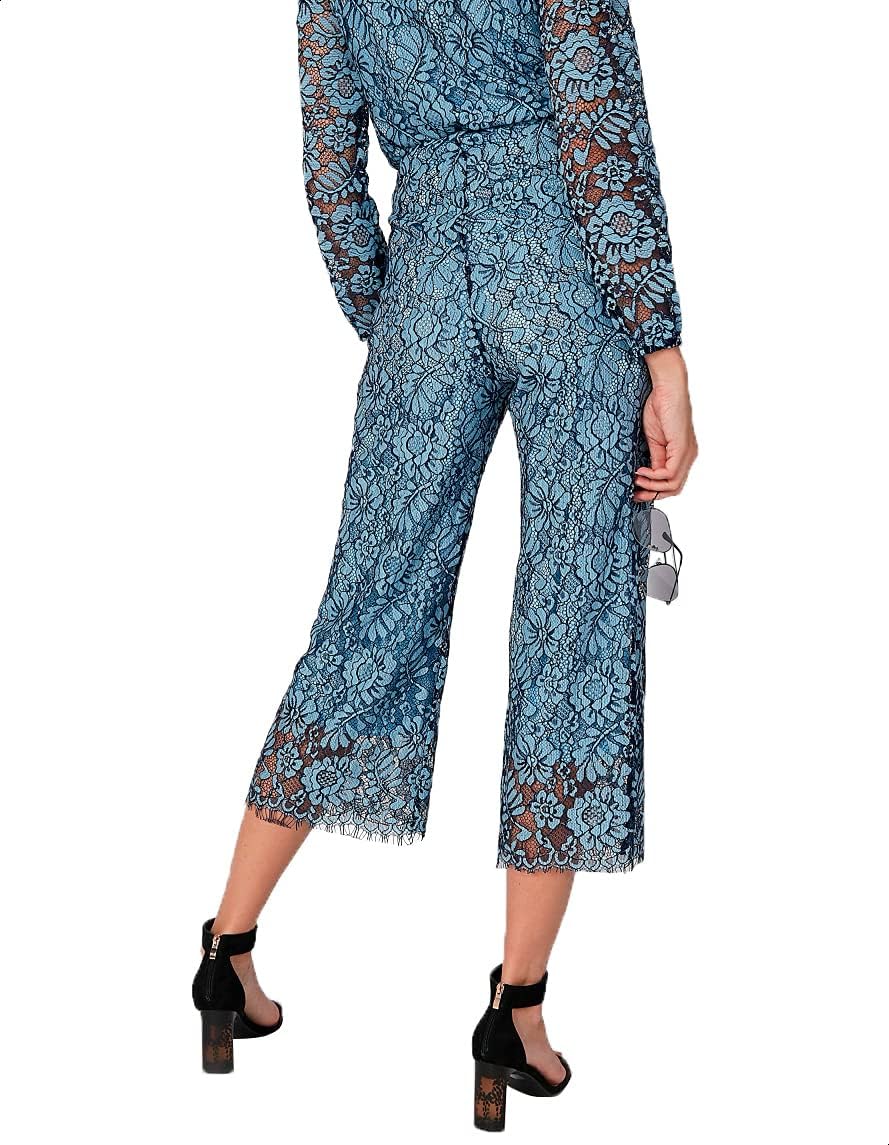 بنطلون Elle للنساء بتصميم عالي الخصر وقصة واسعة، مع تفاصيل دانتيل زهور أنيقة باللونين الأزرق والأسود،  – Safqqa Egypt
