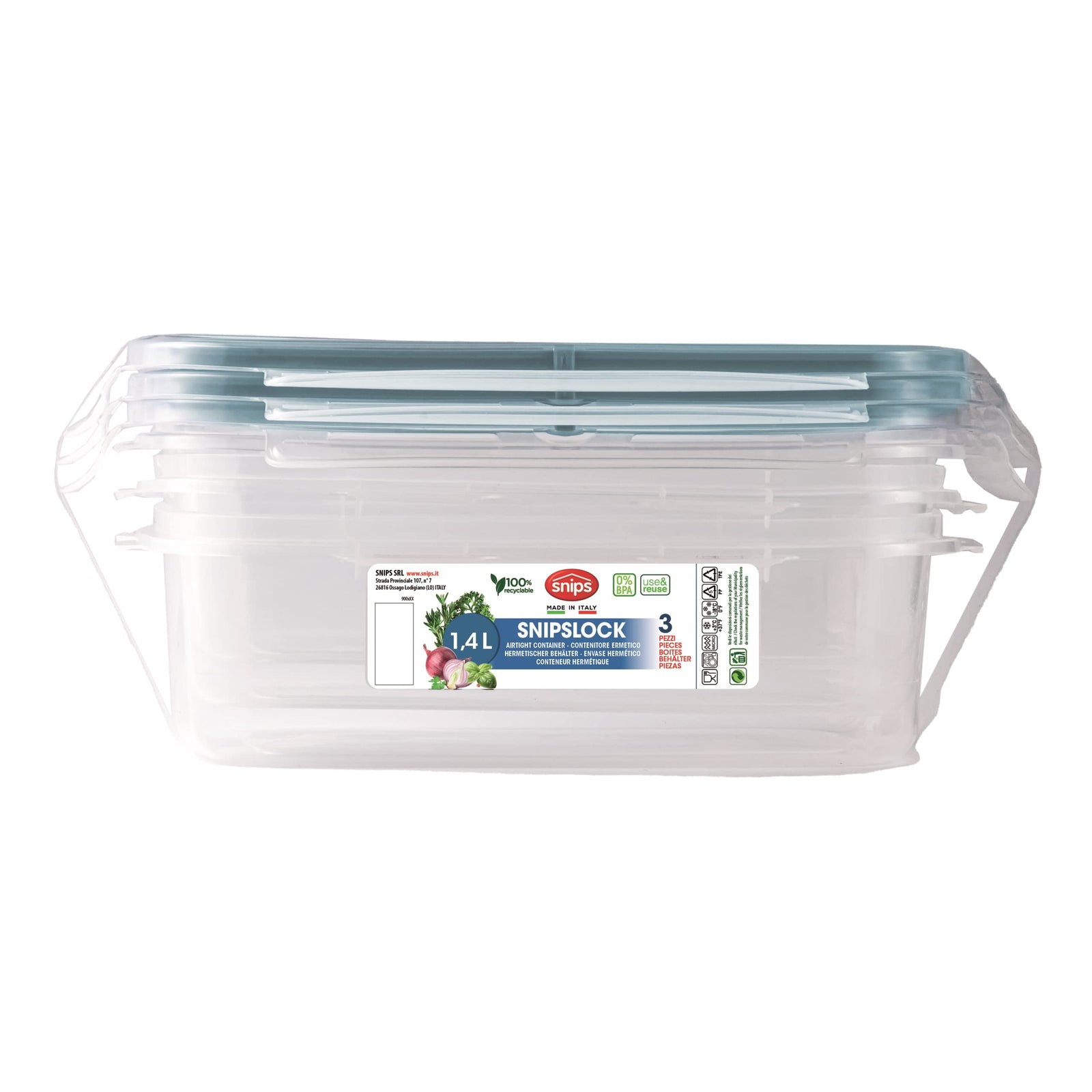 طقم علب تخزين مستطيلة من سنِبس يحتوي على ثلاث علب بسعة 1.4 لتر لكل واحدة، مصممة لتخزين الطعام بطريقة عملية ومنظمة. مصنوعة من خامات عالية الجودة وآمنة على الطعام
