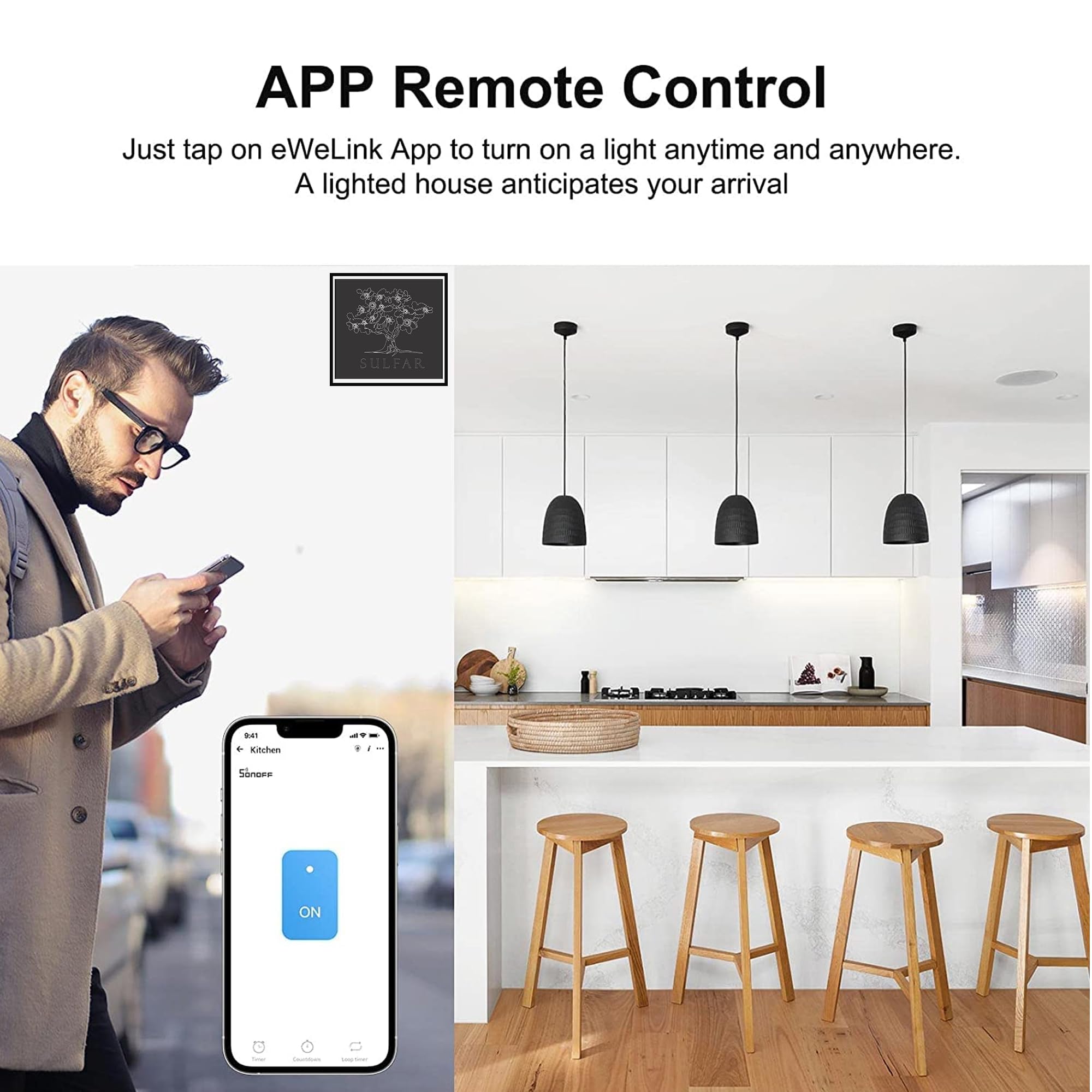 Sulfar WiFi Smart Wall Light Switch – Touch Control, No Neutral Wire, Works with Alexa & Google Home, White (1 pc)