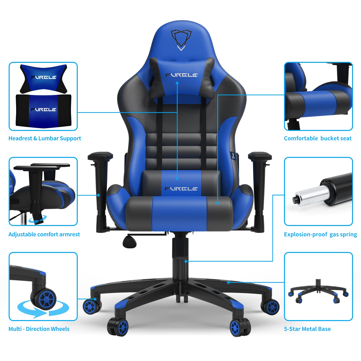 Furgle Gaming Chair, Gocker Ergonomic 3D Swivel Chair - One-Piece Steel Frame, PU Leather, Gas Lift - Black *Blue - Safqqa Egypt