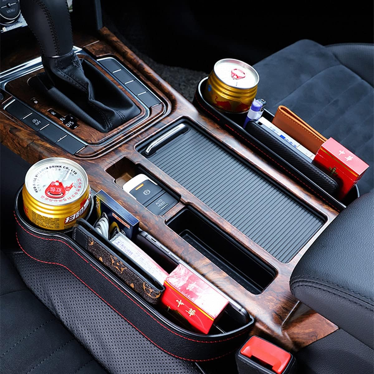 Car seat gap filler organizer between front seat car organizer and storage box, auto premium pu leather console with cup holder, car pocket for interior essentials (for passenger side)