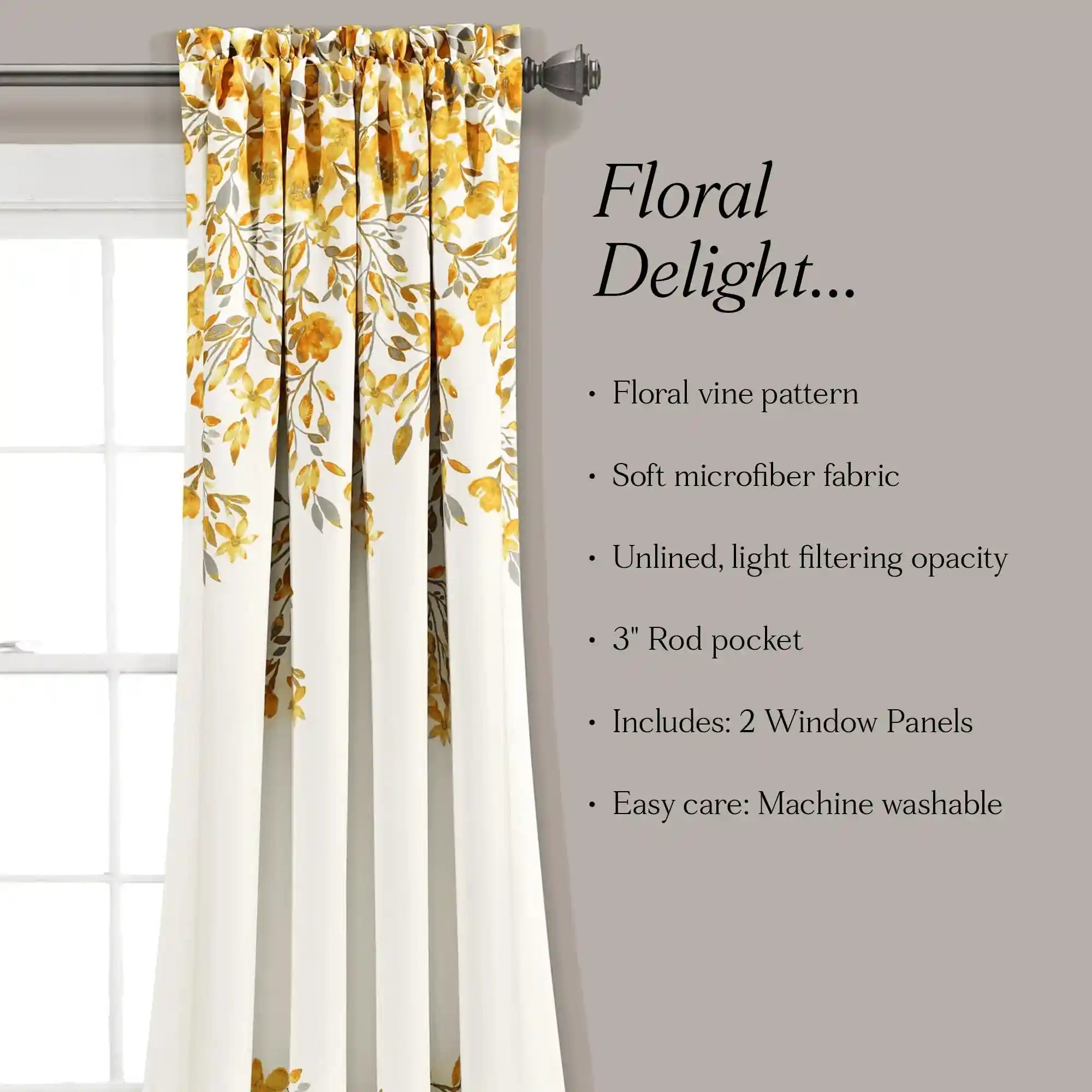 Lush Decor Tanisha Curtains – Room Darkening Floral Vine Print, Window Panel Set (Pair), 84” x 52”