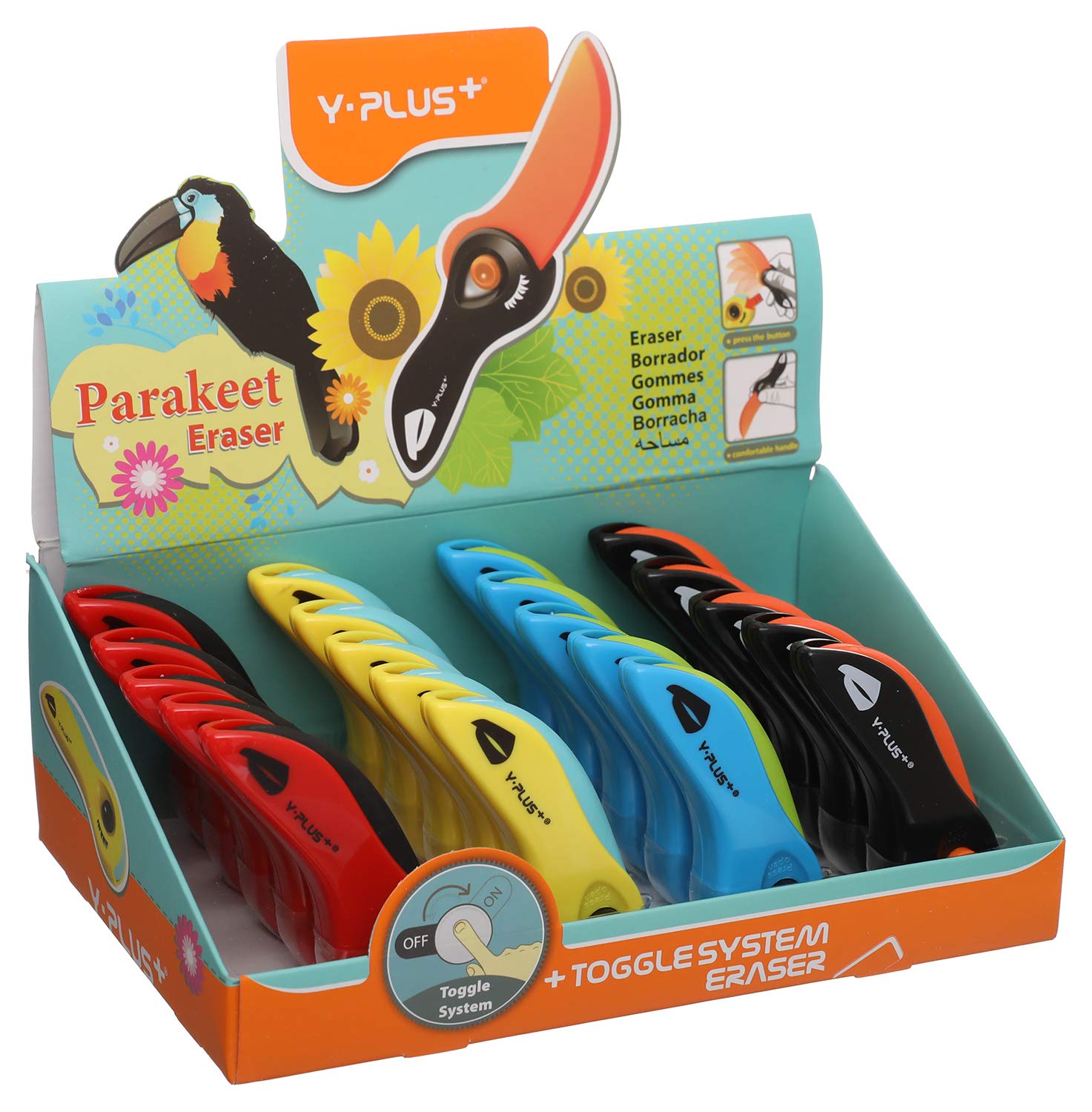 Y Plus Ex1301 Parakeet Eraser With Cover- Assorted Colors- Pack Of 20 Pieces