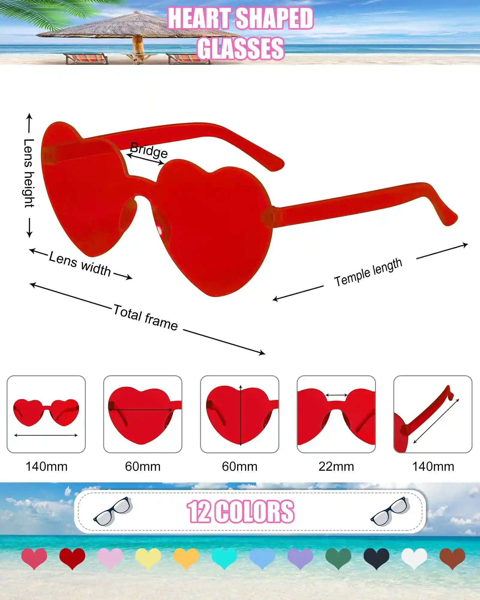Dllween Heart Sunglasses for Women, 12 Pairs Fun Trendy Rimless Heart Glasses Bulk, Transparent Candy Colored Heart Shaped Sunglasses for Party Favor