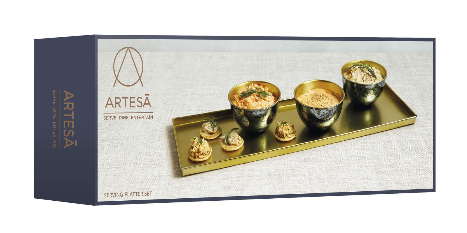 ARTESÀ Serving Platter with Tapas Dishes in Gift Box, Galvanised Steel, Metallic Blue/Brass