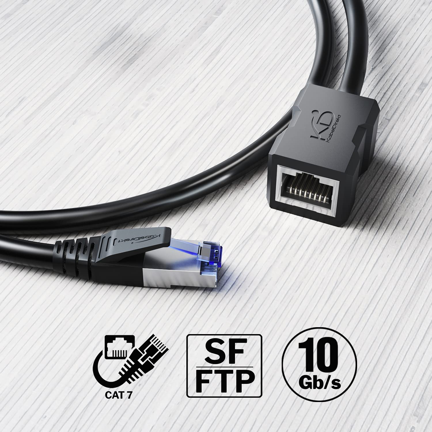 كابل استطالة شبكة محلية 1 متر من دايركت وكابل ايثرنت قارنة - وصلة RJ45 تعمل على تمديد الشبكة عند السرعة الكاملة – كات 7 10 جيجا بايت في الثانية واقي اس اف - تي بي اسود روتر مودم