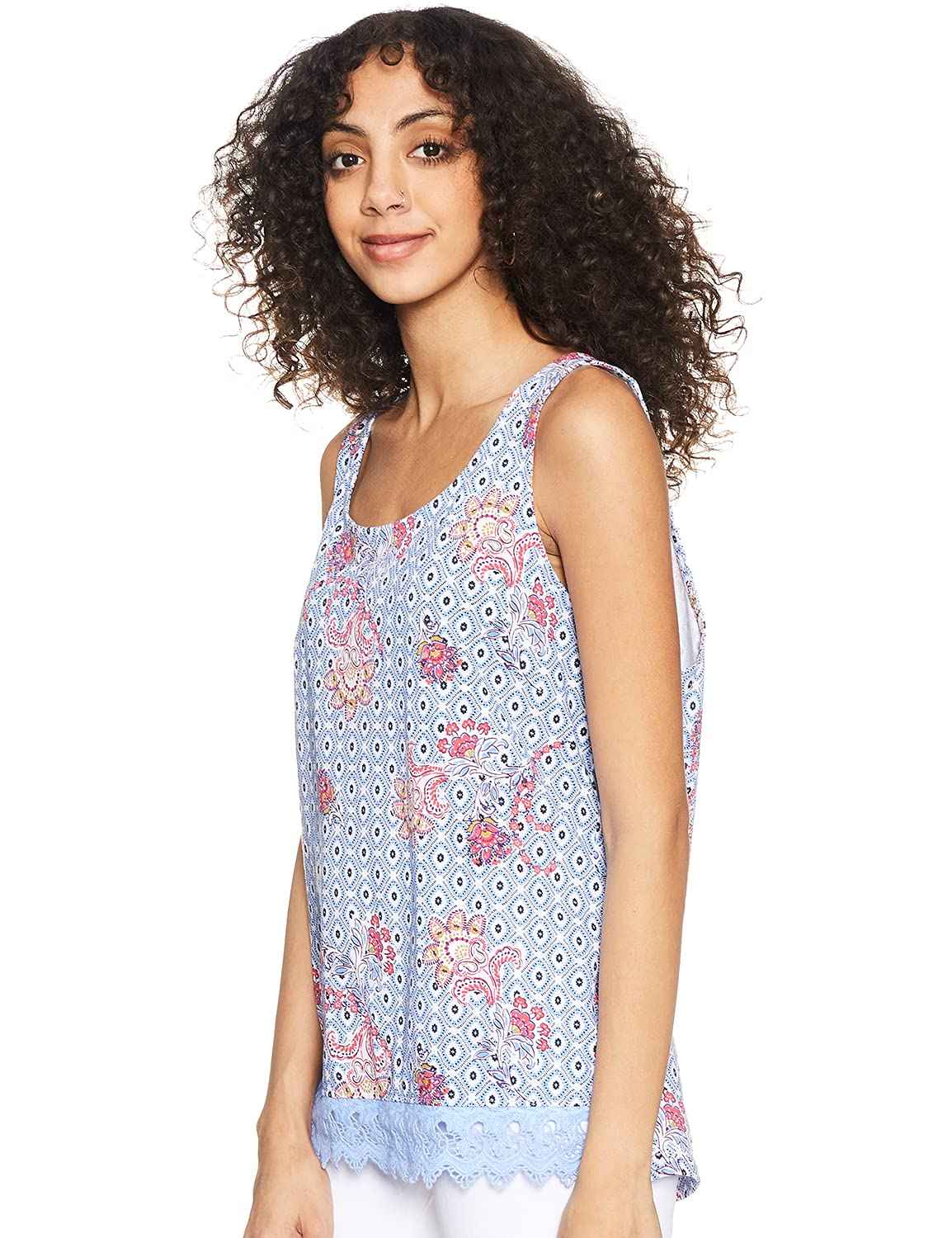 Matalan T-Shirts  for Women Patterned Lace Hem Sleeveless Scoop Neck Top