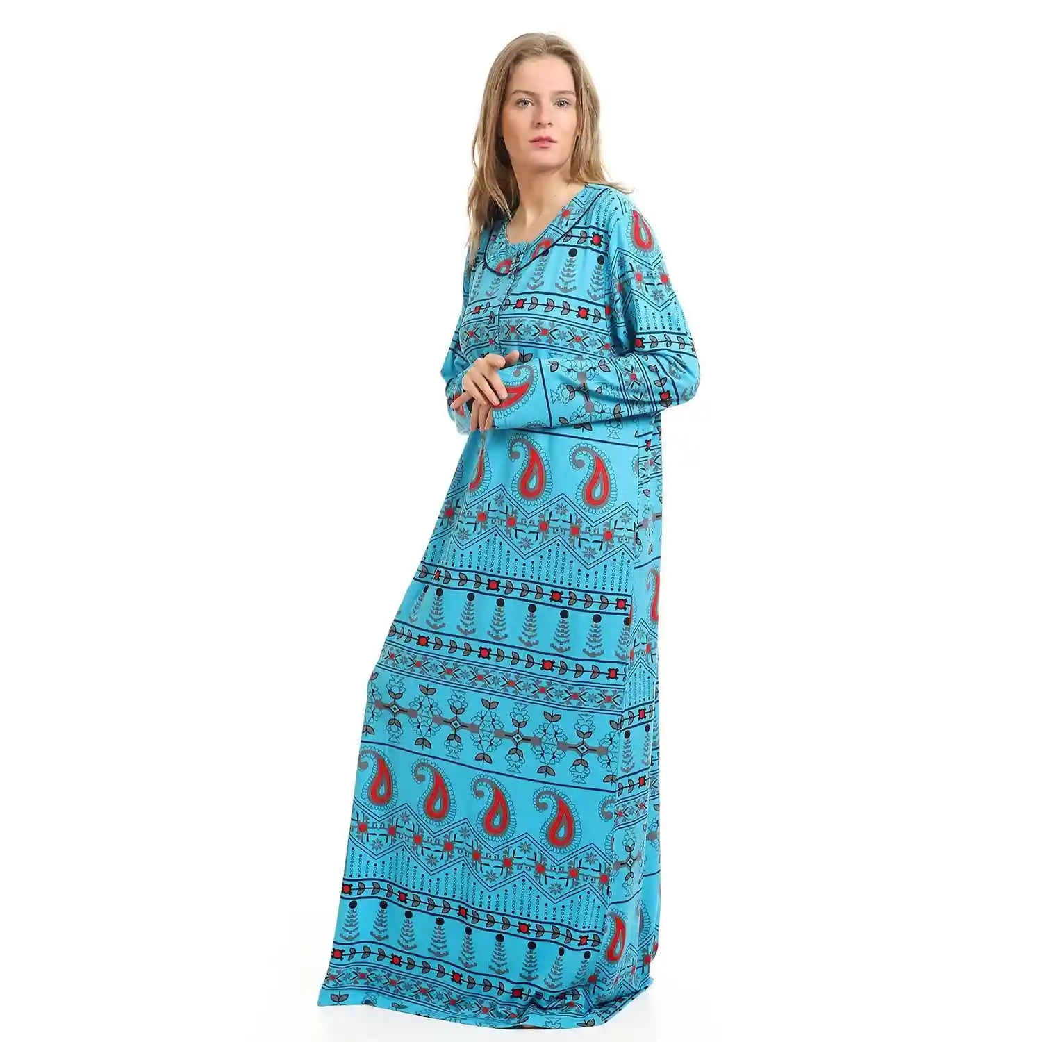 kady-Women-Buttoned Long Sleeves Multi-Patterns Long Nightgown -turquoise-m