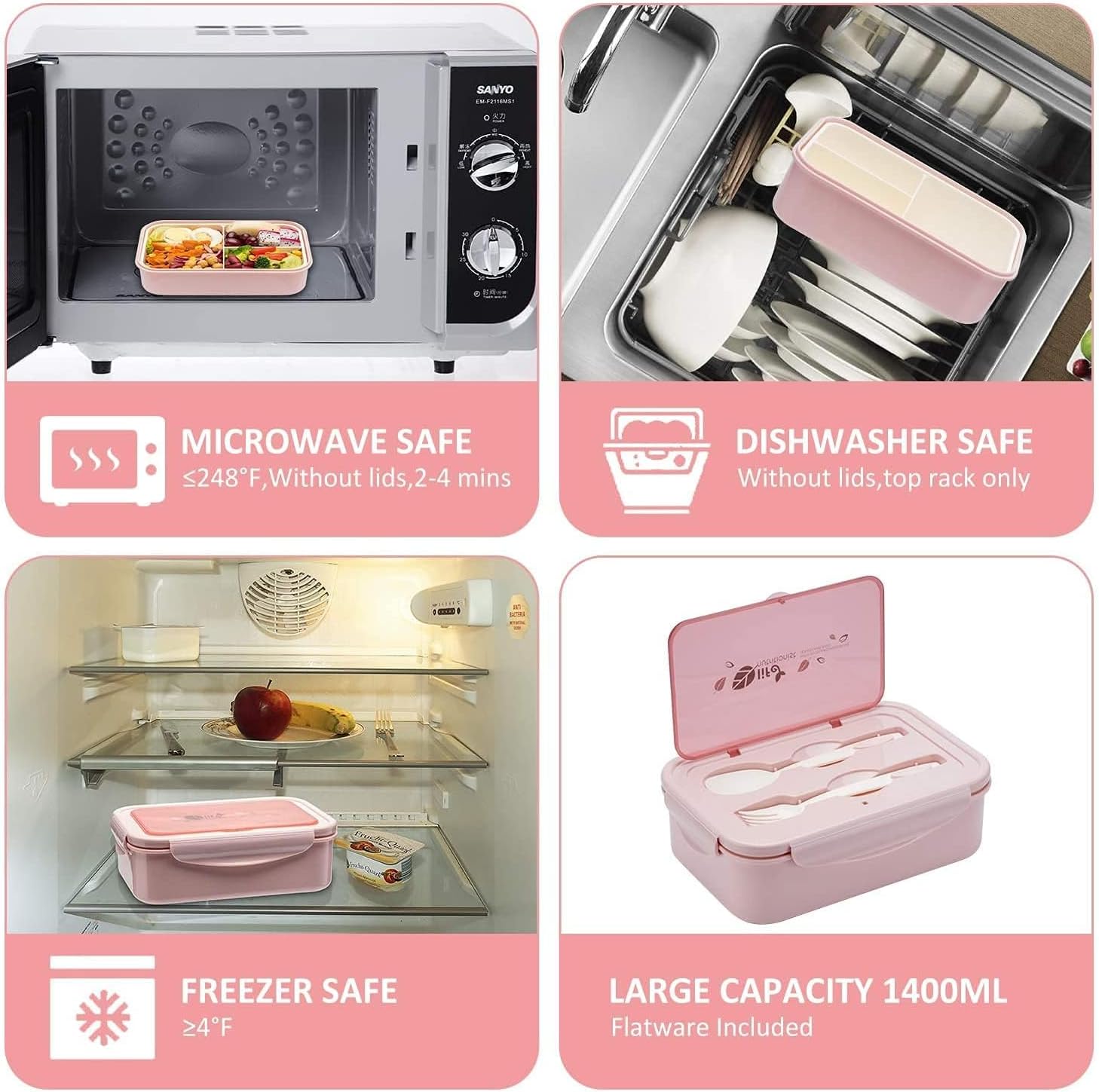 YumLock Boxes for Adults - 1400 ML Bento Lunch Box For Kids Childrens With Spoon and Fork - Durable, Leak-Proof for On-the-Go Meal, Transparent Cover - Reusable,3 Compartments Microwave Safe(Pink)