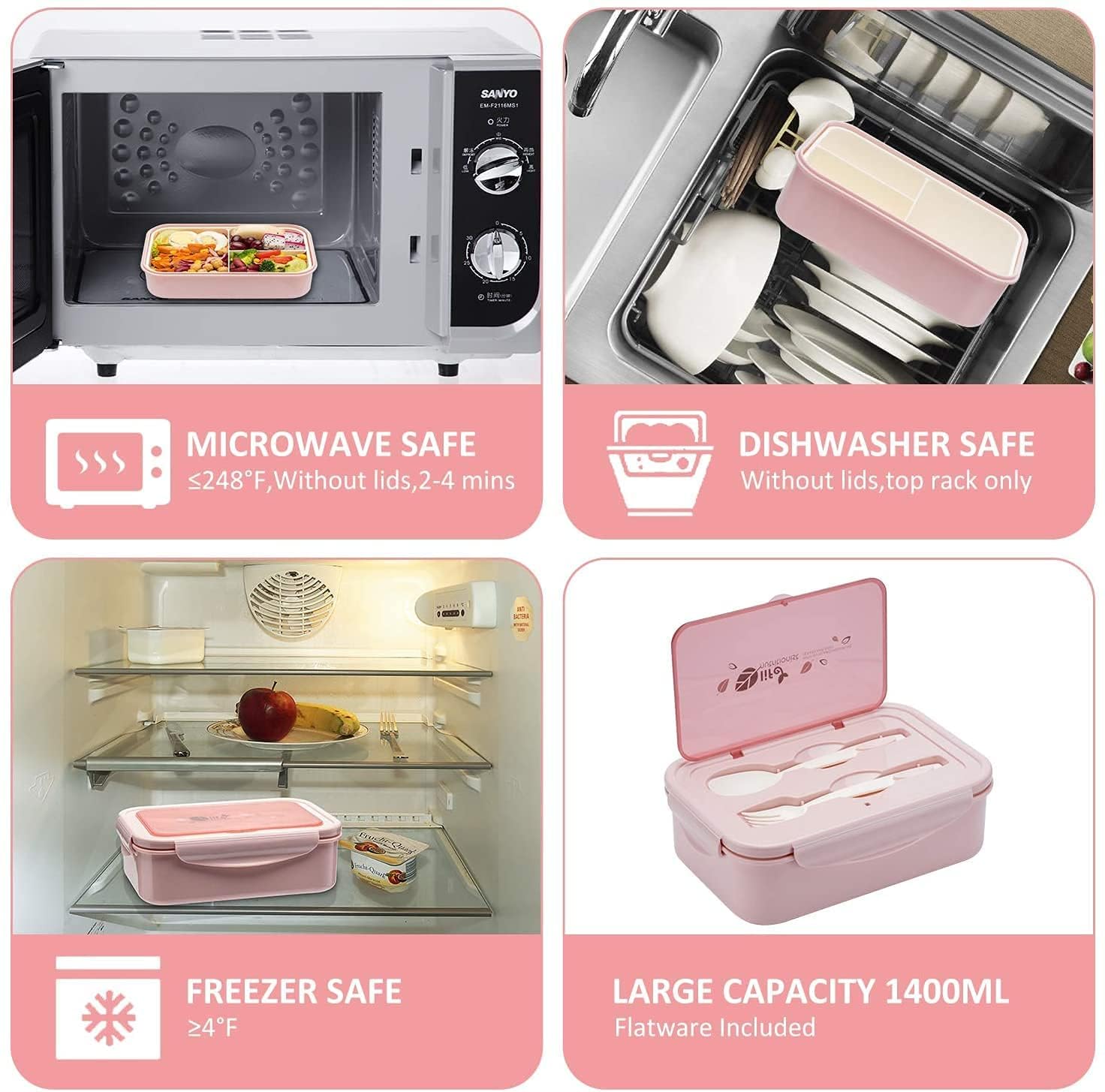 YumLock Boxes for Adults - 1400 ML Bento Lunch Box For Kids Childrens With Spoon and Fork - Durable, Leak-Proof for On-the-Go Meal, Transparent Cover - Reusable,3 Compartments Microwave Safe(Pink)