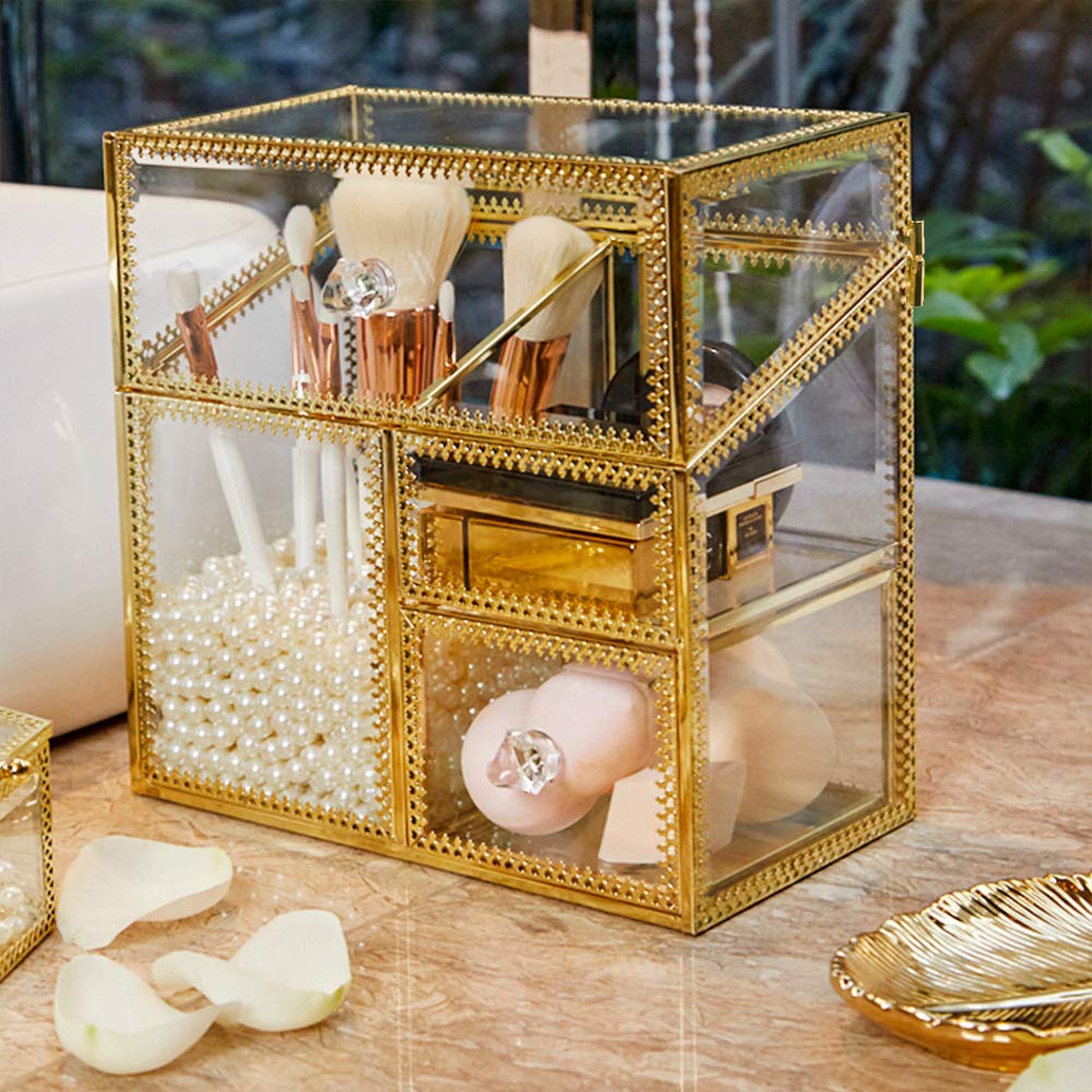 PuTwo Large Handmade Vintage Brass Edge Makeup Brush Organizer