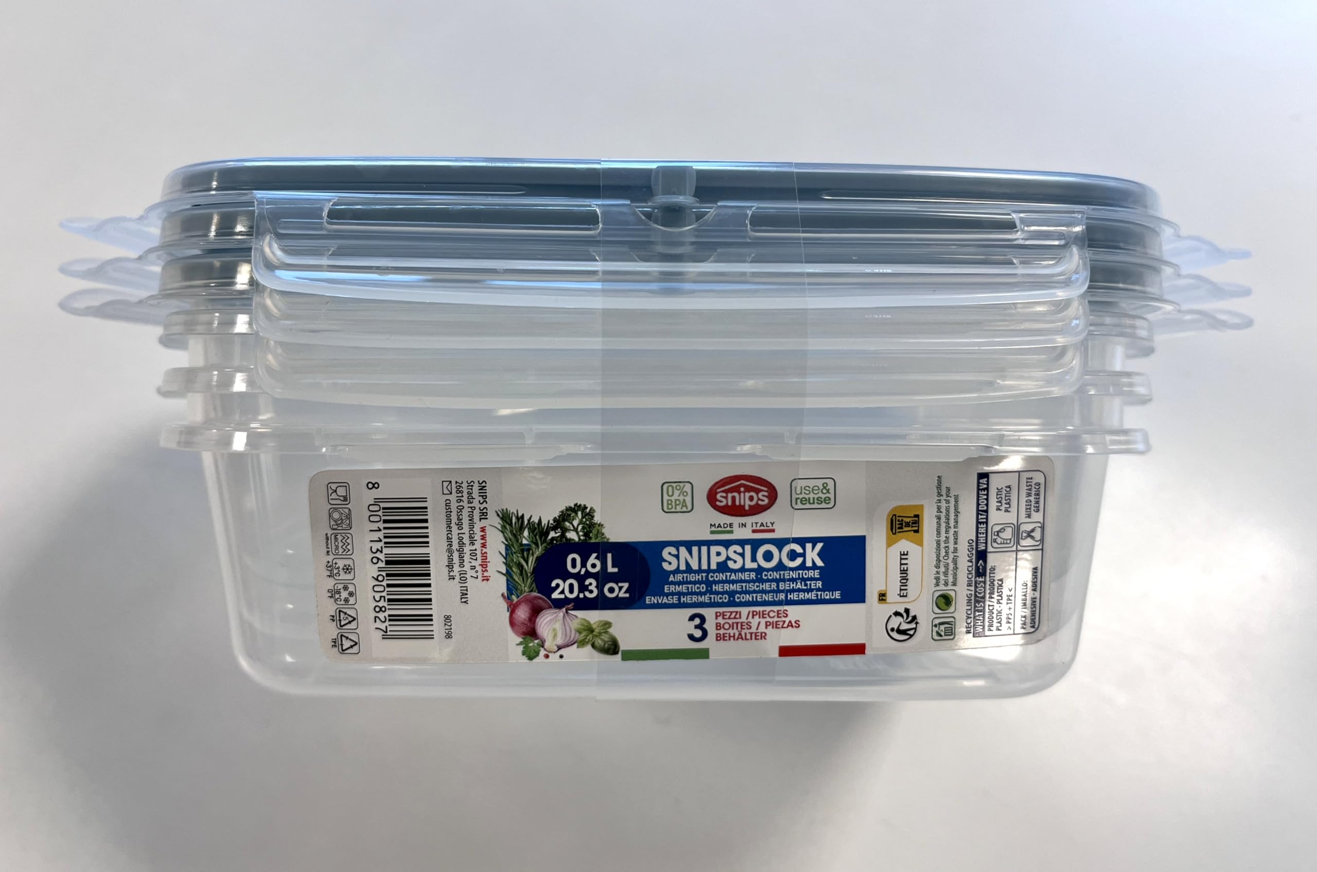 Snips Rectangular Storage Containers – 3-Piece Set, 0.6L, Made in Italy