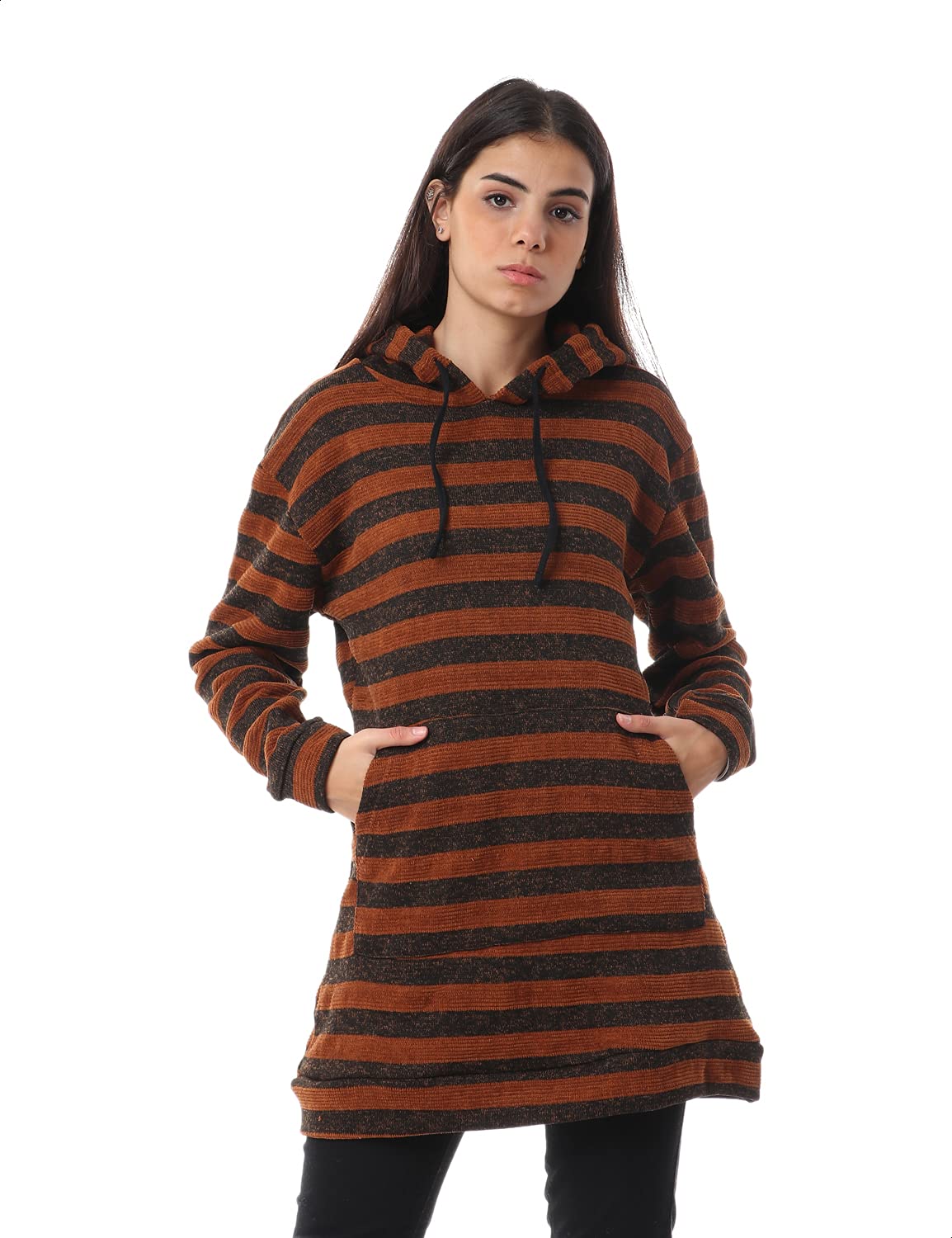 Jamila Women Striped Kangaroo Pockets Drawstring Hoodie