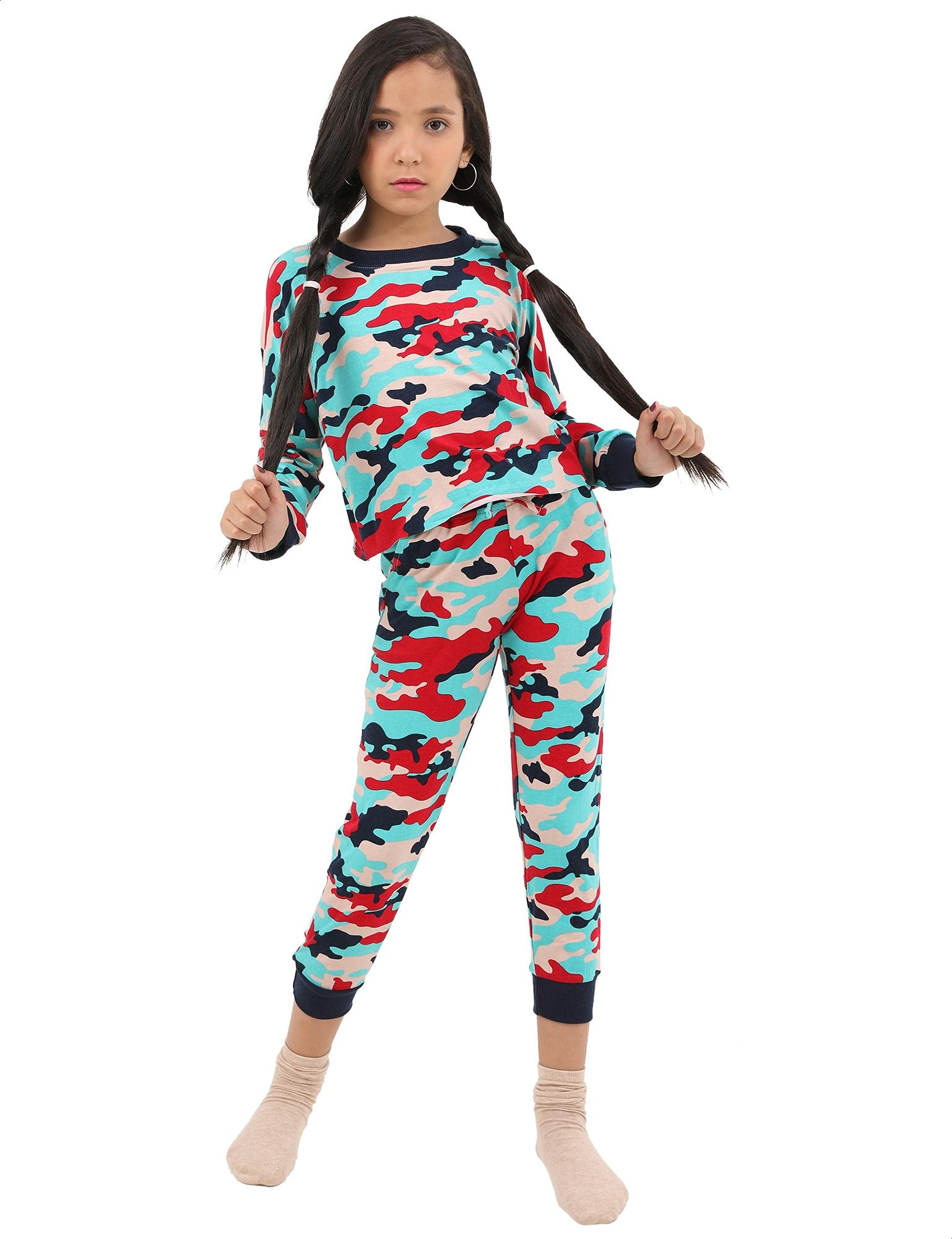 Kady Girls Printed Long Sleeves T shirt with Drawstring Elastic Waist Pants Pajama Set
