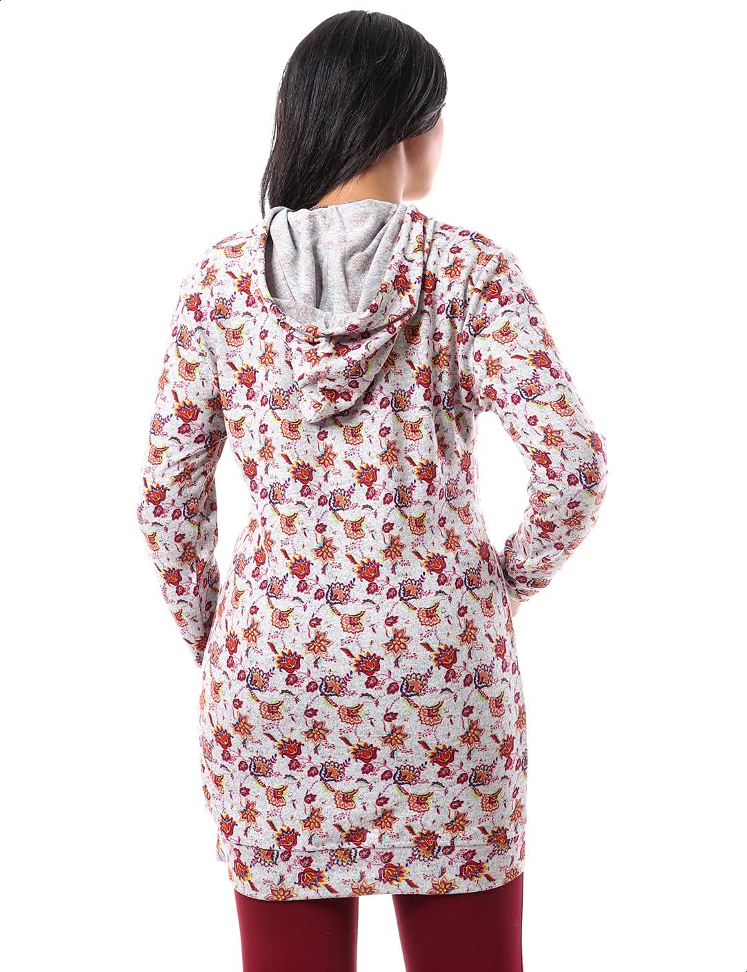 Jamila Women's Cotton Floral Pattern Longline Hoodie with Kangaroo Pocket